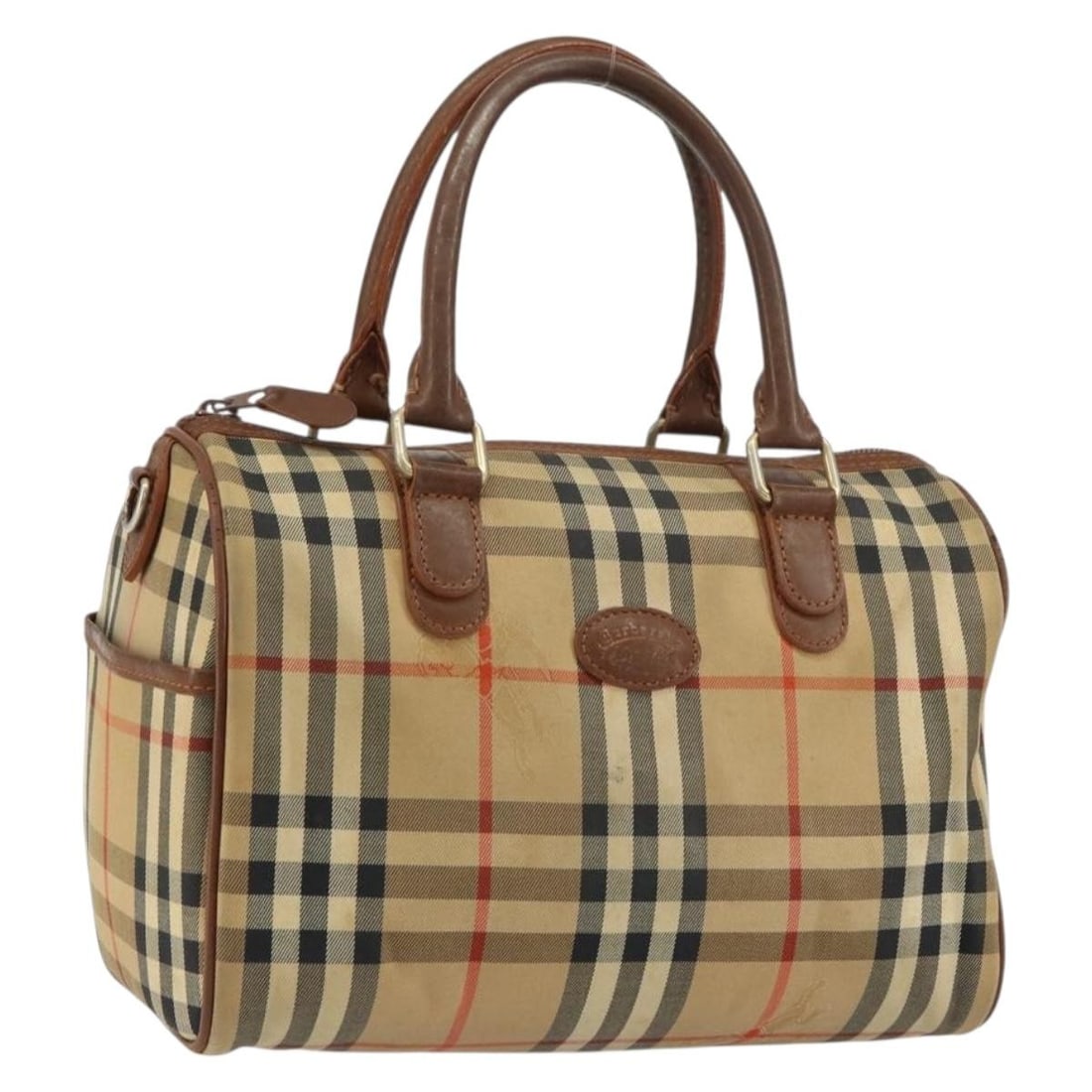 Beige Canvas and Leather Nova Check Handbag by Burberrys: Beige Canvas and Leather Nova Check Handbag by Burberrys This Burberrys Nova Check handbag features a classic beige and gold canvas exterior with leather trim. The bag is designed with dual top handle
