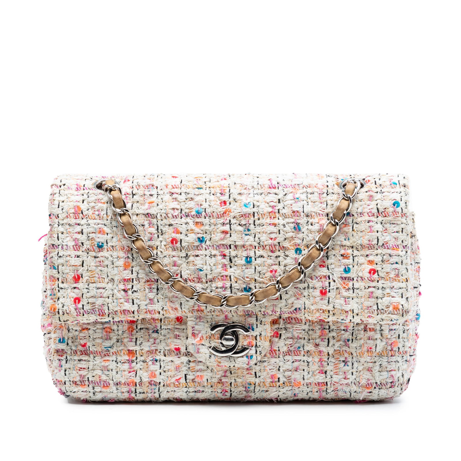 Chanel Tweed Shoulder Bag with Sequins and Double Flap Medium: Chanel Tweed Shoulder Bag with Sequins and Double Flap Medium This Chanel Medium Classic Tweed Sequins Double Flap shoulder bag features a quilted tweed body adorned with sequin accents. It includes l