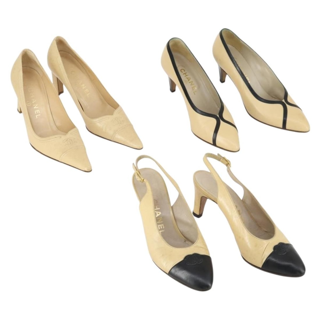 Set of 3 Beige Leather High Heel Shoes by CHANEL and Louis Vuitton: Set of 3 Beige Leather High Heel Shoes by CHANEL and Louis Vuitton This is a special set of three pairs of high heels from CHANEL and Louis Vuitton. Each pair features beige leather uppers and is made