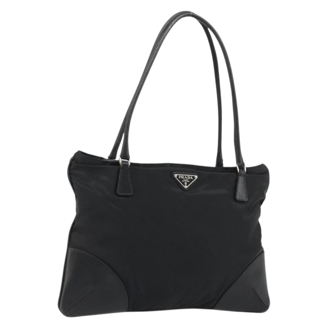 Prada Black Nylon Women's Handbag with Silver Tone Accents: Prada Black Nylon Women's Handbag with Silver Tone Accents This PRADA women's handbag is crafted from black nylon with silver-tone details. Made in Italy, it features a spacious interior and sturdy ha