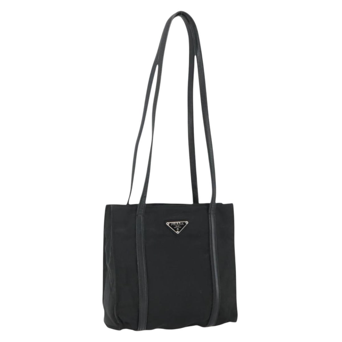 Prada black nylon tote bag silver trim Italy: Prada black nylon tote bag silver trim Italy This PRADA tote bag is crafted from black nylon with silver-tone accents. Designed for women, it features dual top handles with a 13-inch (33cm) drop, prov