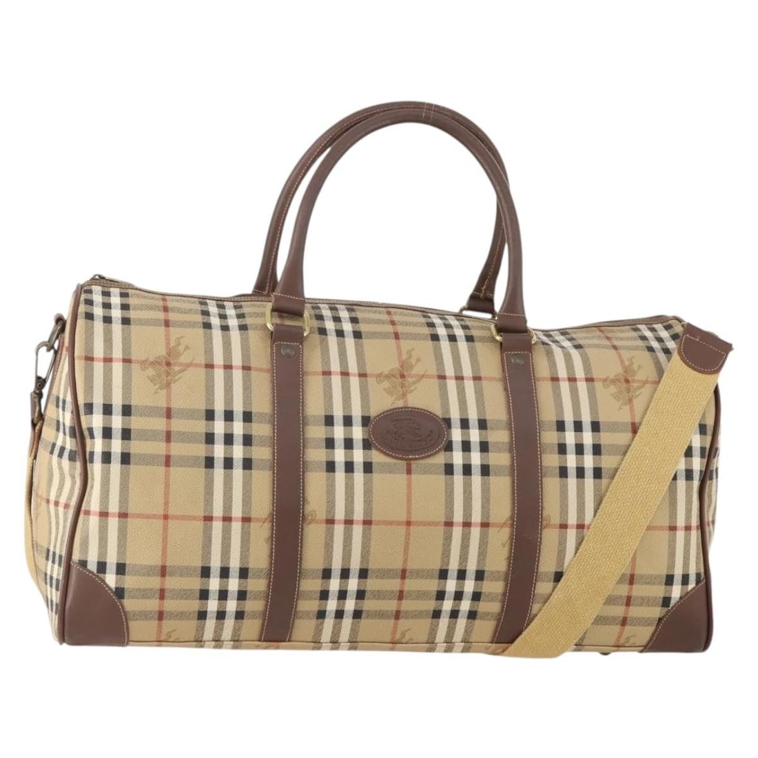 Burberrys Beige Nova Check PVC Boston Bag with Shoulder Strap: Burberrys Beige Nova Check PVC Boston Bag with Shoulder Strap This Burberrys Boston Bag features the classic Nova Check pattern in beige and gold tones. Crafted from durable PVC leather, it offers bot