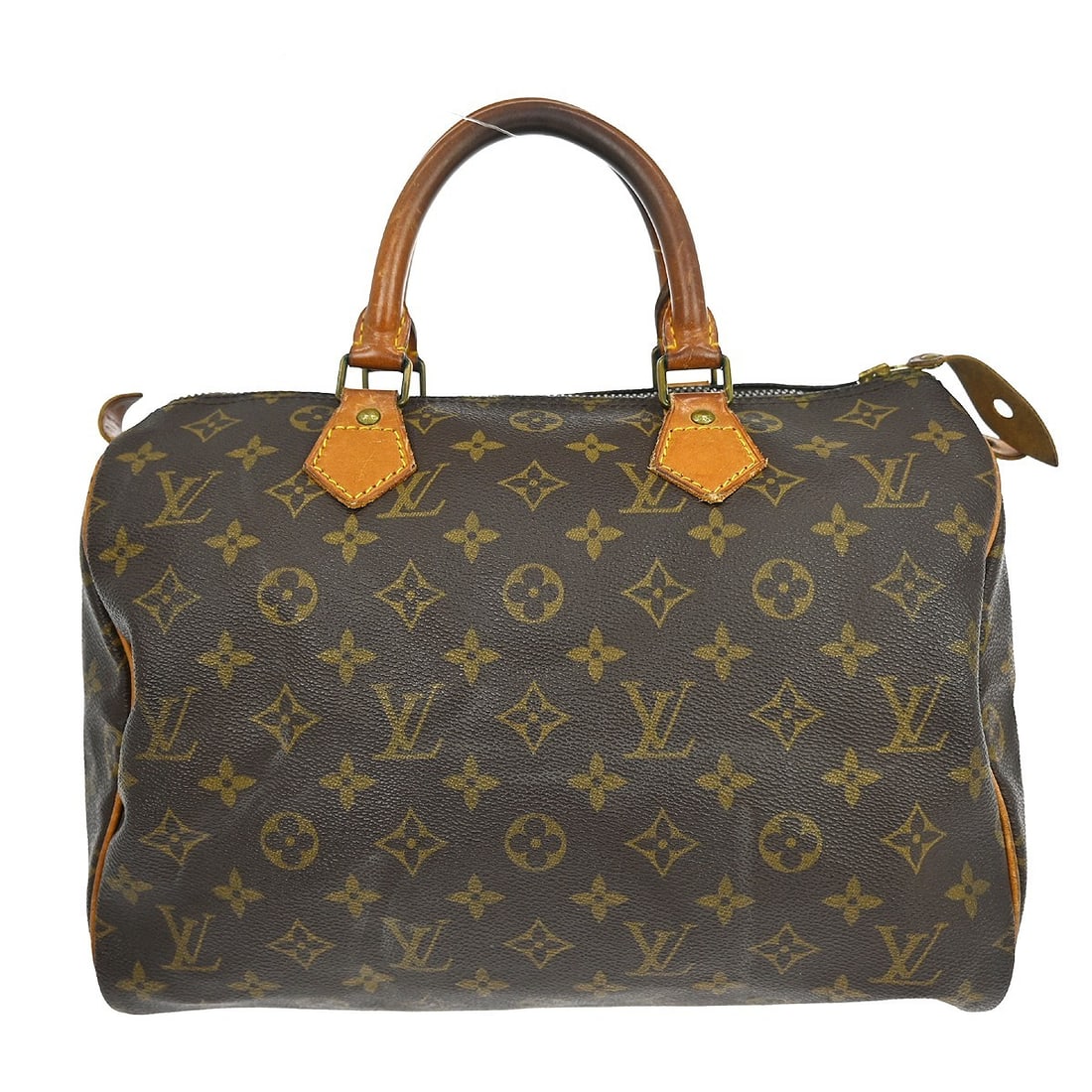 Louis Vuitton Speedy 30 Monogram Canvas Satchel with Beige Leather Handles: Louis Vuitton Speedy 30 Monogram Canvas Satchel with Beige Leather Handles This Louis Vuitton Speedy 30 handbag features the iconic monogram canvas exterior with beige leather double handles and a zip