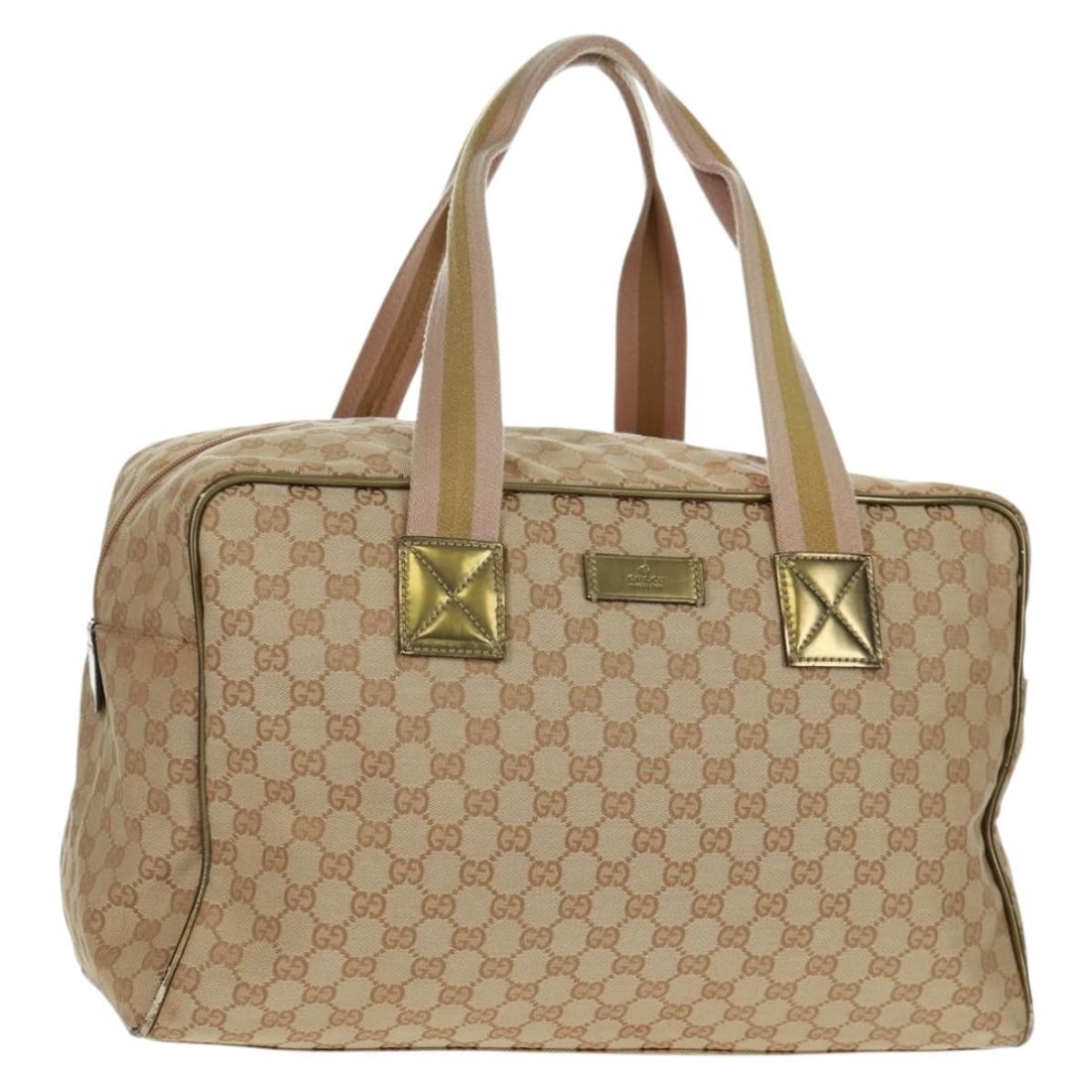 Gucci Sherry Line GG Canvas Boston Bag Beige Gold Pink 153240 Italy: Gucci Sherry Line GG Canvas Boston Bag Beige Gold Pink 153240 Italy This is a Gucci GG Canvas Sherry Line Boston Bag in beige, gold, and pink. Made in Italy, this Boston bag features the signature GG 