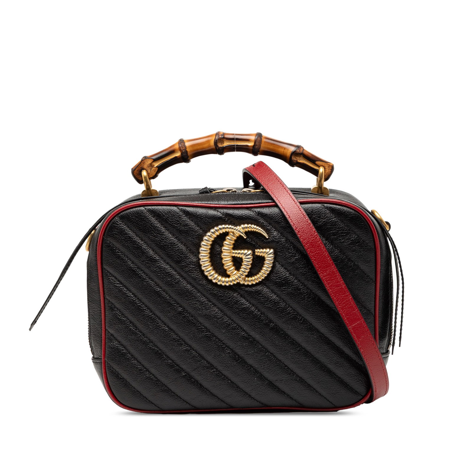 Gucci GG Marmont Small Black Leather Satchel with Bamboo Handle: Gucci GG Marmont Small Black Leather Satchel with Bamboo Handle This Gucci Small GG Marmont Matelasse Diagonal Leather Torchon Bamboo Satchel showcases a quilted leather exterior, a distinctive bamboo