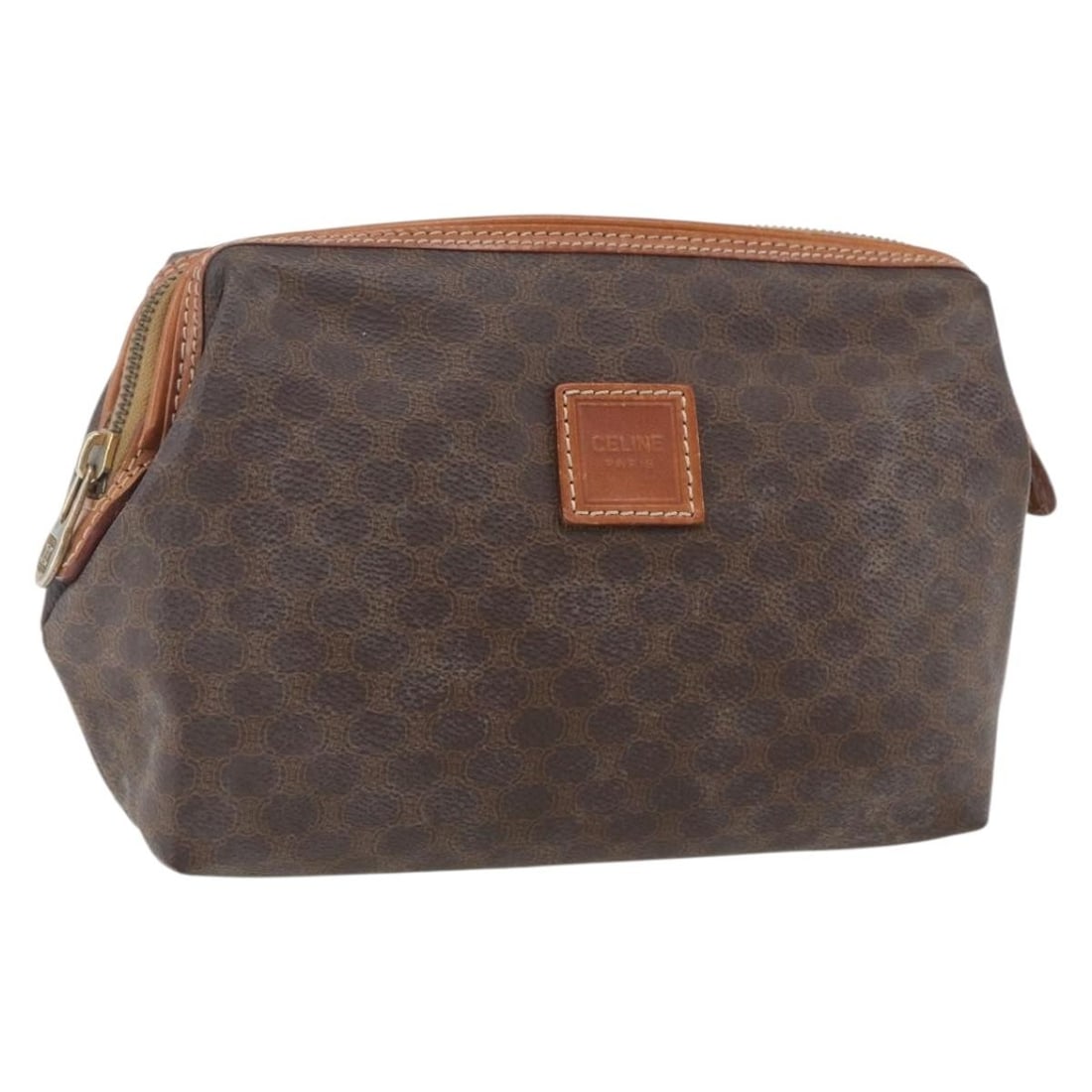 Celine Macadam Brown PVC Leather Pouch Gold Tone Accent Italy: Celine Macadam Brown PVC Leather Pouch Gold Tone Accent Italy This CELINE Macadam Canvas pouch features a brown and gold PVC leather exterior with the iconic Macadam pattern. Designed for women, it of
