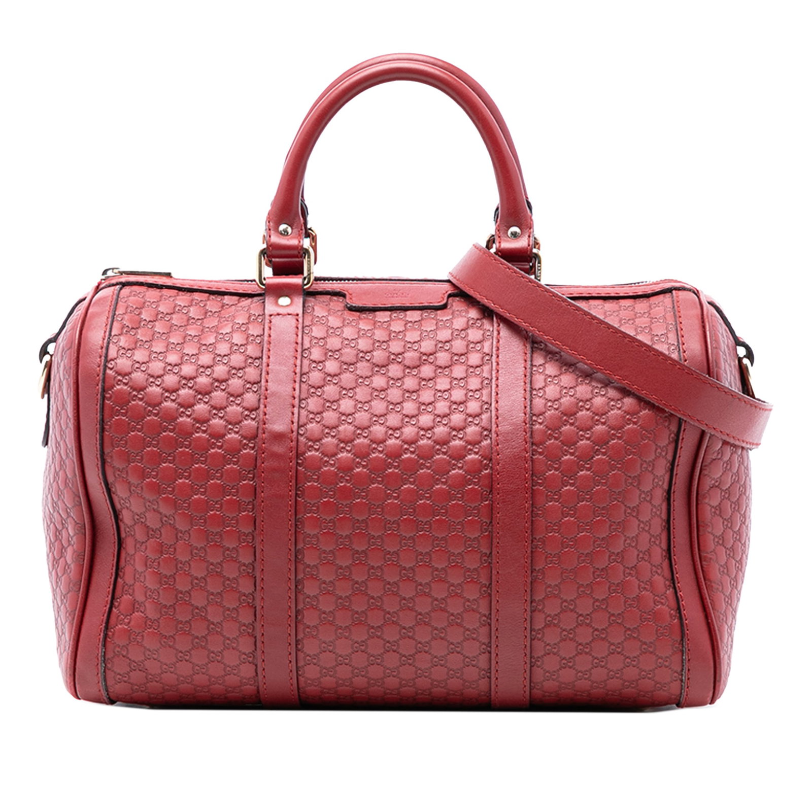 Red Leather Satchel by Gucci Microguccissima Joy Medium with Detachable Strap: Red Leather Satchel by Gucci Microguccissima Joy Medium with Detachable Strap This Gucci Medium Microguccissima Joy Boston Bag features a red embossed leather exterior with rolled leather handles and 