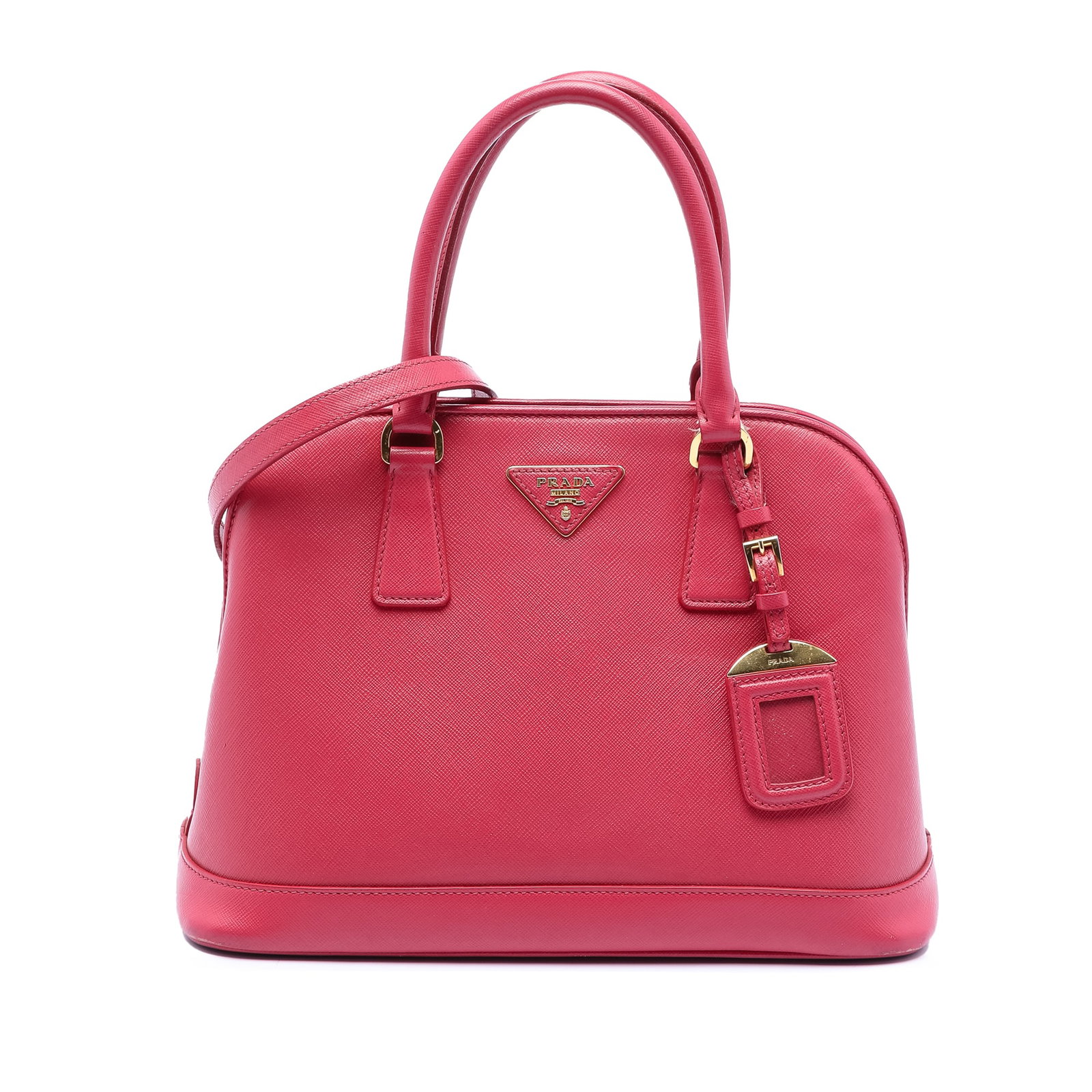 Pink Leather Medium Satchel by Prada Saffiano Lux Open Promenade: Pink Leather Medium Satchel by Prada Saffiano Lux Open Promenade This Prada Medium Saffiano Lux Open Promenade Satchel is crafted from saffiano leather in pink and features rolled leather handles and 