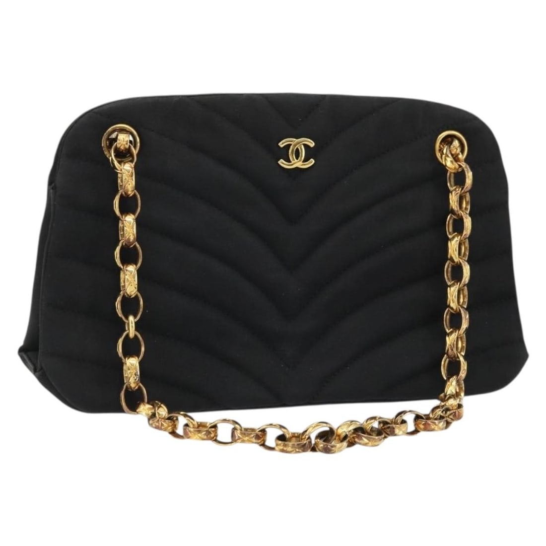 Chanel Black Nylon CC Chain Shoulder Bag Gold Accents: Chanel Black Nylon CC Chain Shoulder Bag Gold Accents This CHANEL chain shoulder bag is crafted from black nylon with gold-tone accents and features the iconic CC detail. Designed for women, it offers