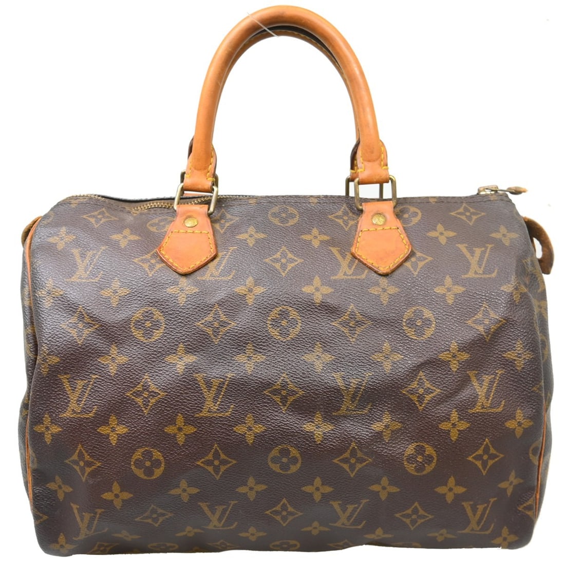 Louis Vuitton Speedy 30 Monogram Canvas Satchel Handbag: Louis Vuitton Speedy 30 Monogram Canvas Satchel Handbag This Louis Vuitton Speedy 30 handbag features the iconic monogram canvas with beige leather double handles and a zip closure. Designed as a vint