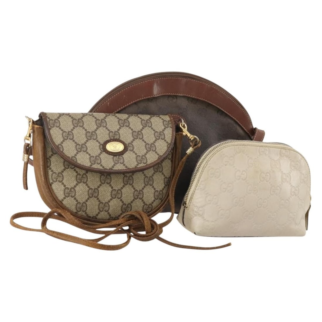 Gucci Beige Brown PVC Leather Shoulder Bag Set: Gucci Beige Brown PVC Leather Shoulder Bag Set This is a set of three Gucci GG Supreme shoulder bags crafted from PVC leather and GG canvas in beige and brown. Designed for women, these bags are made 