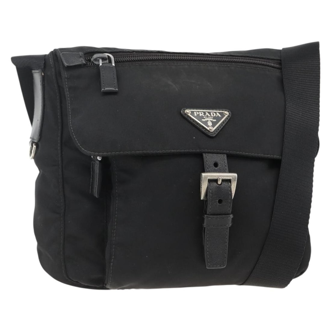 Prada Black Nylon Shoulder Purse with Silver Tone Hardware: Prada Black Nylon Shoulder Purse with Silver Tone Hardware This PRADA shoulder bag features black nylon material with silver-tone accents, designed for women. Made in Italy, the bag offers an adjustab