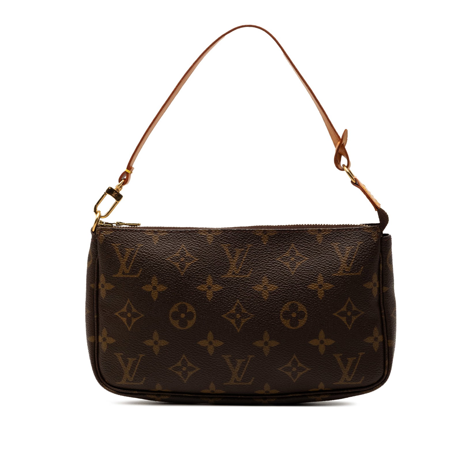 Louis Vuitton Brown Monogram Canvas Pochette Accessoires Handbag with Leather Strap: Louis Vuitton Brown Monogram Canvas Pochette Accessoires Handbag with Leather Strap The Louis Vuitton Monogram Pochette Accessoires features the iconic monogram canvas body with a flat vachetta leathe