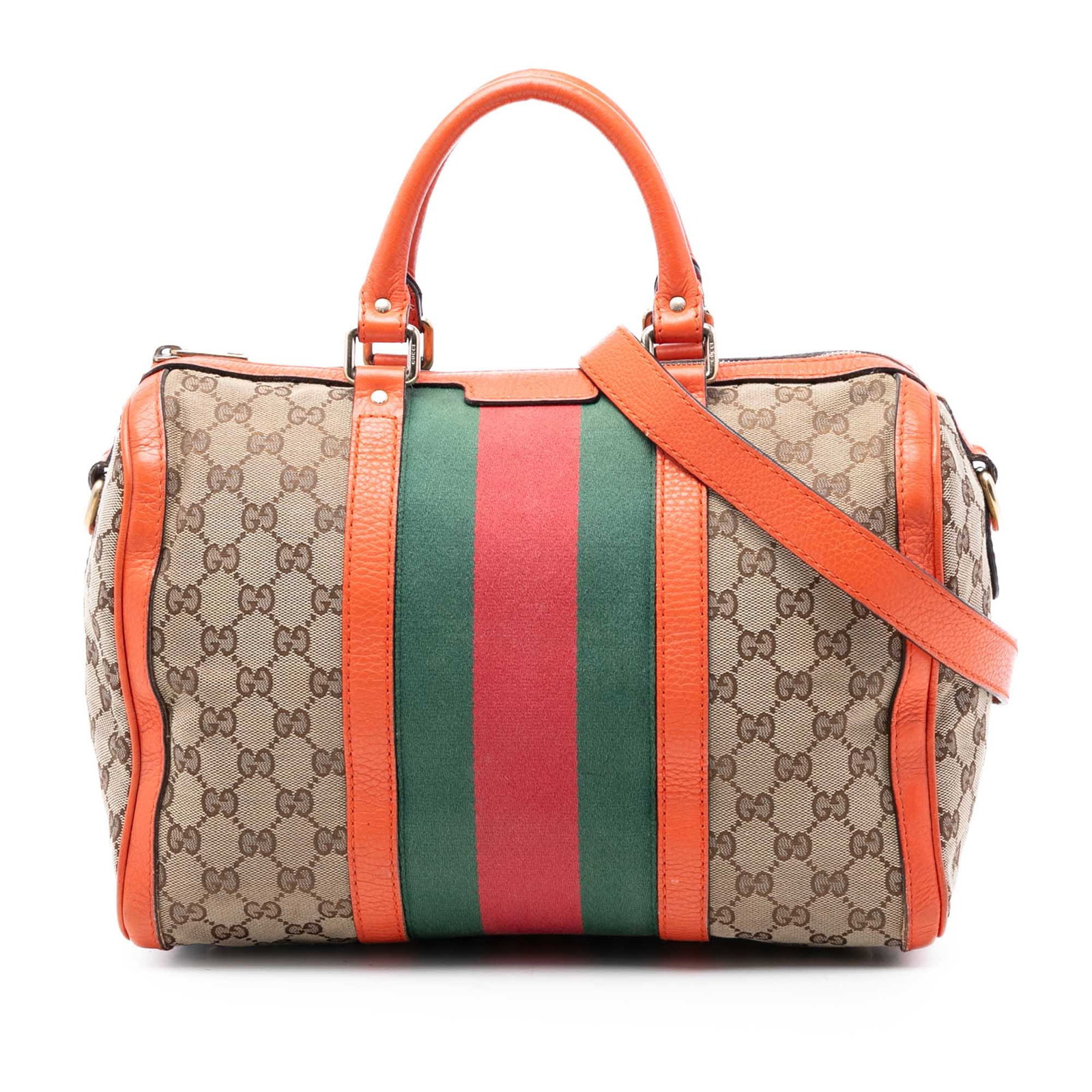 Gucci Joy Boston Satchel Medium GG Canvas Web Detail Beige: Gucci Joy Boston Satchel Medium GG Canvas Web Detail Beige The Gucci Medium GG Canvas Web Joy Boston Bag features a beige canvas body with leather trim and signature web detailing. It is designed with