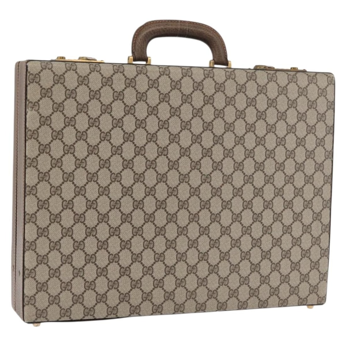Gucci GG Plus beige gold PVC leather attache handbag: Gucci GG Plus beige gold PVC leather attache handbag This GUCCI GG Plus Supreme Attache Case is crafted from beige and gold PVC leather with GG canvas accents. Designed as a women's handbag, it featur