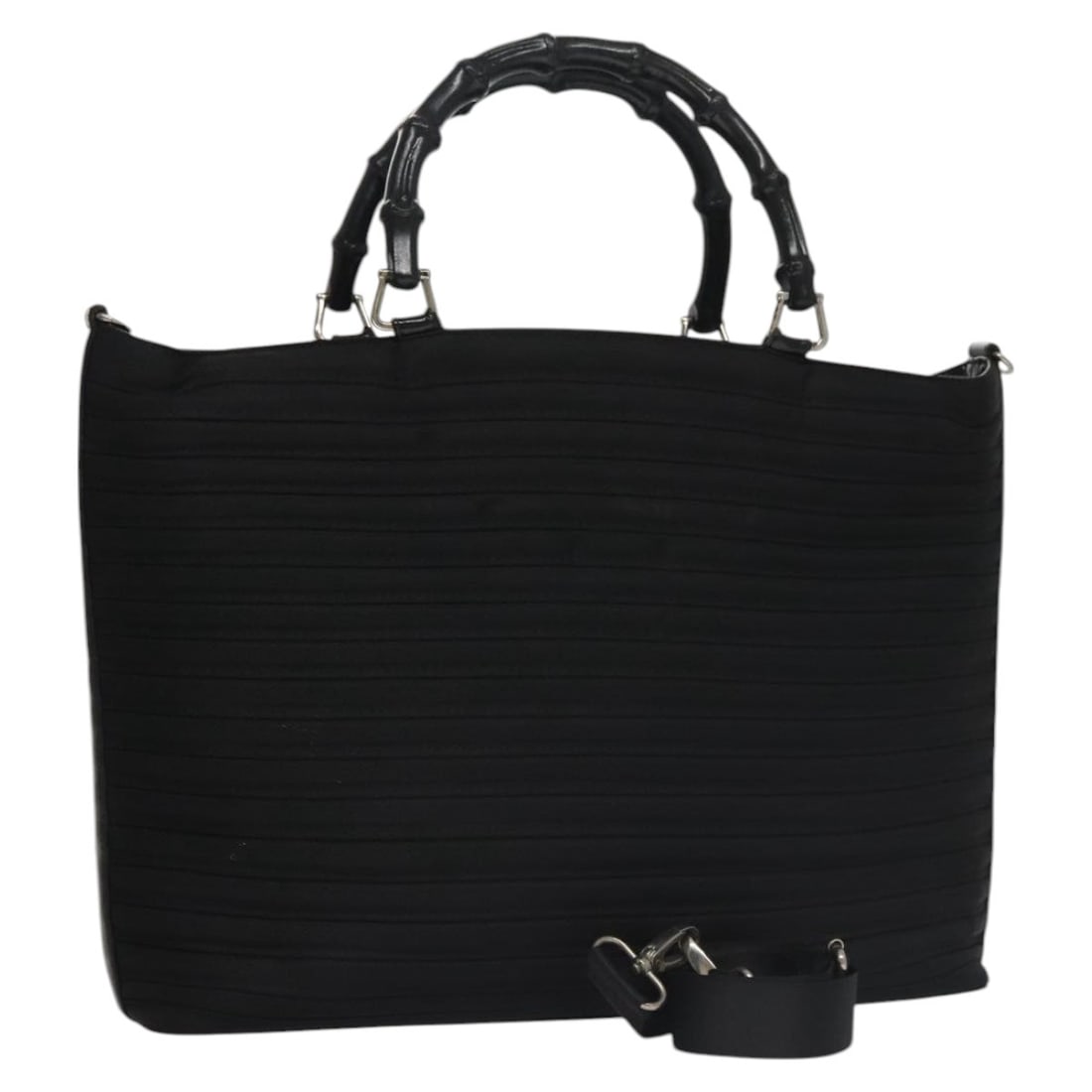 Gucci Black Nylon Bamboo Top Handle Bag with Shoulder Strap: Gucci Black Nylon Bamboo Top Handle Bag with Shoulder Strap This GUCCI Bamboo 2-way handbag is crafted from black nylon and features a versatile design with a detachable shoulder strap, allowing it to