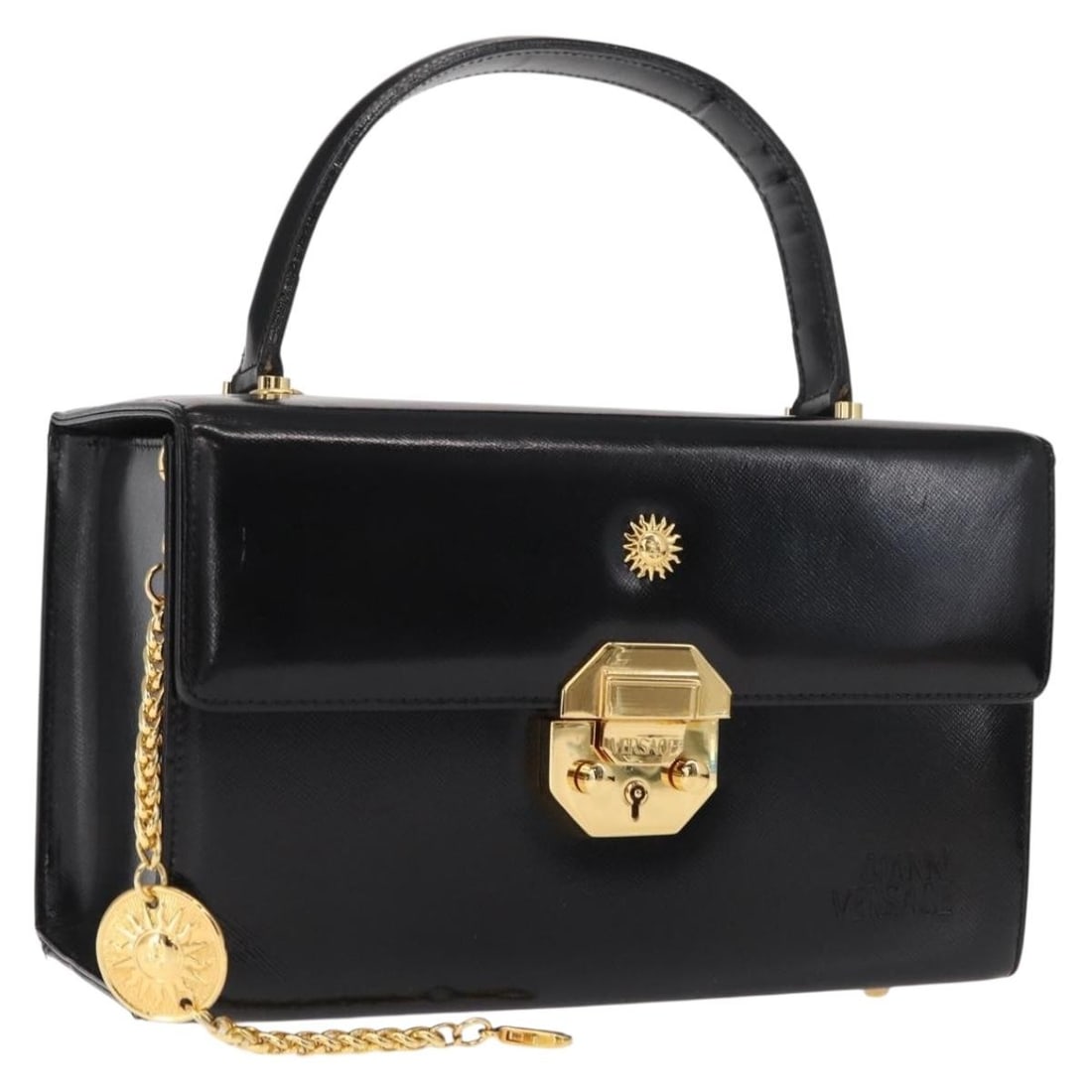 Black Leather Gianni Versace Handbag with Gold Accents: Black Leather Gianni Versace Handbag with Gold Accents This Gianni Versace handbag is crafted from black leather with gold accents. Made in Italy, it features a structured silhouette with a handle dro