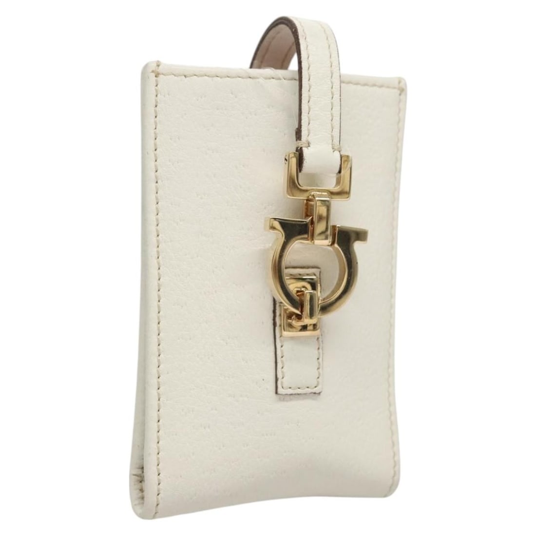 White Leather Gancini Pouch by Salvatore Ferragamo for Women: White Leather Gancini Pouch by Salvatore Ferragamo for Women This Salvatore Ferragamo Gancini pouch is crafted from white leather and designed for women. The compact pouch features a simple yet elegan