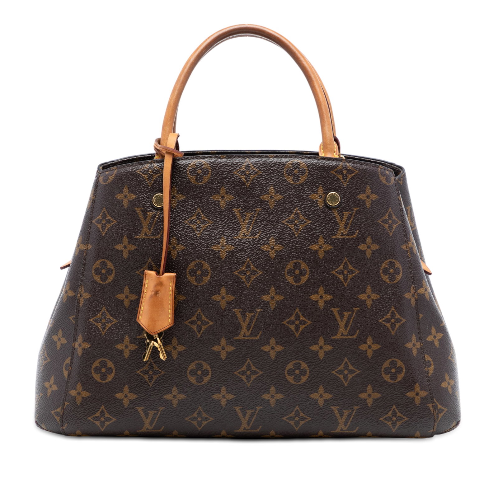 Louis Vuitton Montaigne MM Brown Monogram Canvas Handbag with Leather Handles: Louis Vuitton Montaigne MM Brown Monogram Canvas Handbag with Leather Handles The Louis Vuitton Monogram Montaigne MM features a monogram canvas body with rolled vachetta leather handles and a lobster