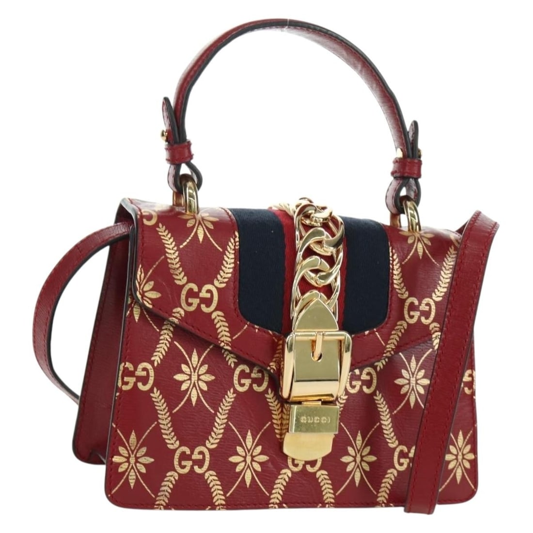 Gucci Sylvie Sherry Line Red Leather Convertible Handbag with Strap: Gucci Sylvie Sherry Line Red Leather Convertible Handbag with Strap This GUCCI Silvi Sherry Line handbag features a striking red and gold leather design and can be used as both a handbag and a shoulde
