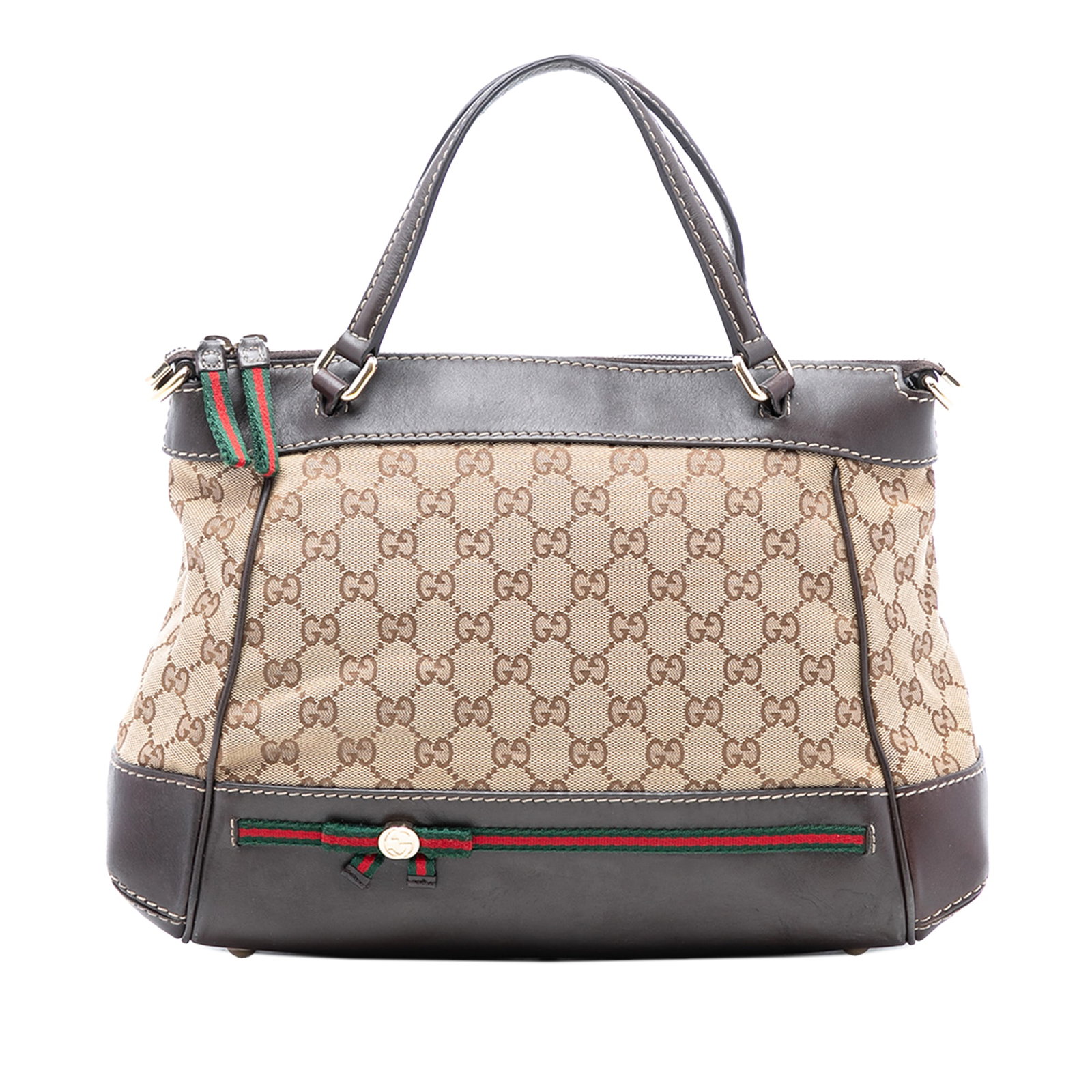 Gucci Mayfair Beige Canvas Satchel with Leather Trim and Web Detail: Gucci Mayfair Beige Canvas Satchel with Leather Trim and Web Detail This Gucci GG Canvas Web Mayfair Satchel features a beige canvas body with leather trim, flat leather handles, a top zip closure, an