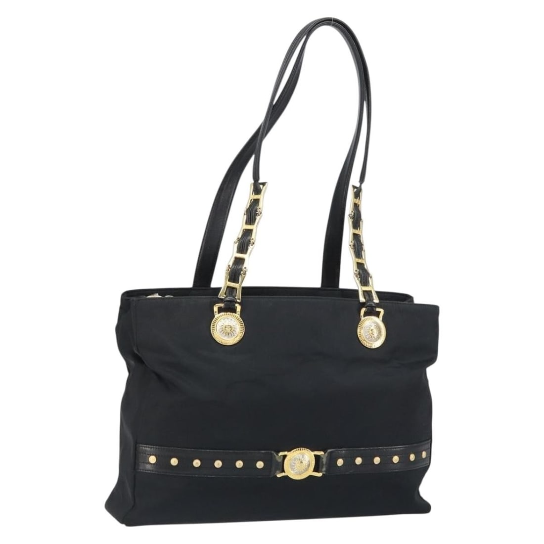 Gianni Versace Black Gold Nylon Tote Bag Made in Italy: Gianni Versace Black Gold Nylon Tote Bag Made in Italy Elevate your accessory collection with this Gianni Versace Tote Bag, crafted in Italy from durable nylon in a sleek black and gold colorway. This