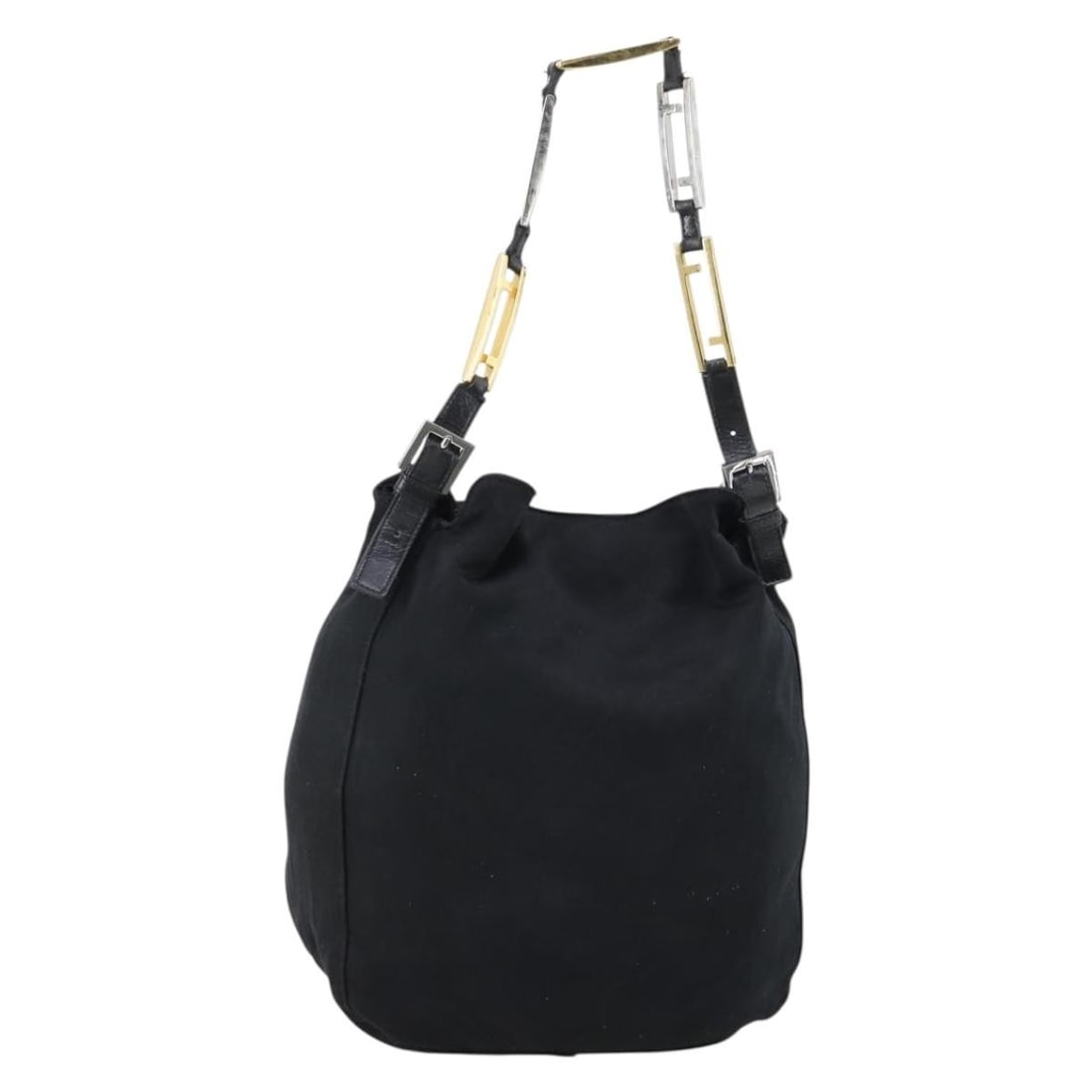 FENDI Black Gold Silver Nylon Shoulder Bag Made in Italy: FENDI Black Gold Silver Nylon Shoulder Bag Made in Italy This authentic Fendi shoulder bag is a stylish blend of black nylon with gold and silver accents, showcasing the brand's signature Italian craf
