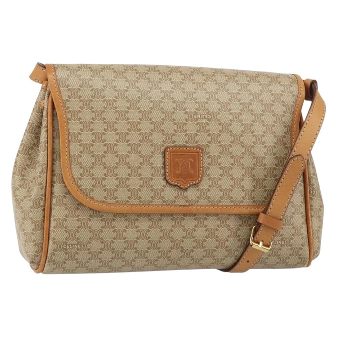 CELINE Beige Gold Macadam Canvas Shoulder Bag PVC Auth Italy: CELINE Beige Gold Macadam Canvas Shoulder Bag PVC Auth Italy This CELINE Macadam Canvas Shoulder Bag is a stylish accessory that combines functionality with elegance. Crafted in Italy, this bag featur