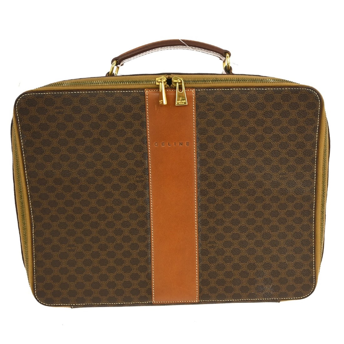 Celine Macadam Brown Leather PVC Top Handle Bag: Celine Macadam Brown Leather PVC Top Handle Bag This CELINE Macadam handbag features a classic brown color with the signature logo accents. Made from leather and PVC, it offers a medium size ideal for