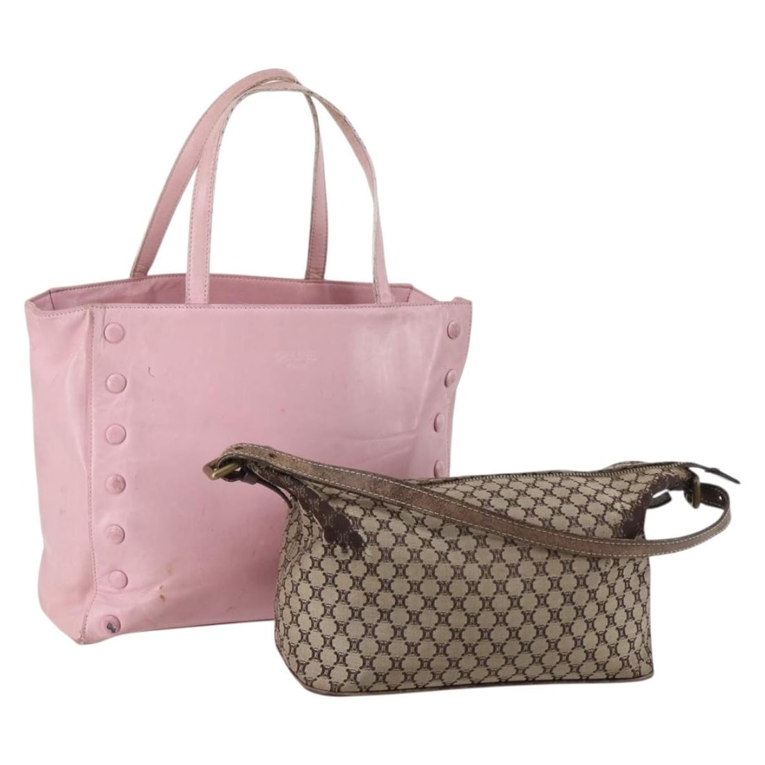 CELINE Macadam Canvas Tote Bag Pink Beige Leather 2Set Authentic: CELINE Macadam Canvas Tote Bag Pink Beige Leather 2Set Authentic This authentic CELINE Macadam Canvas Tote Bag features a stylish combination of pink and beige colors, crafted from durable leather and