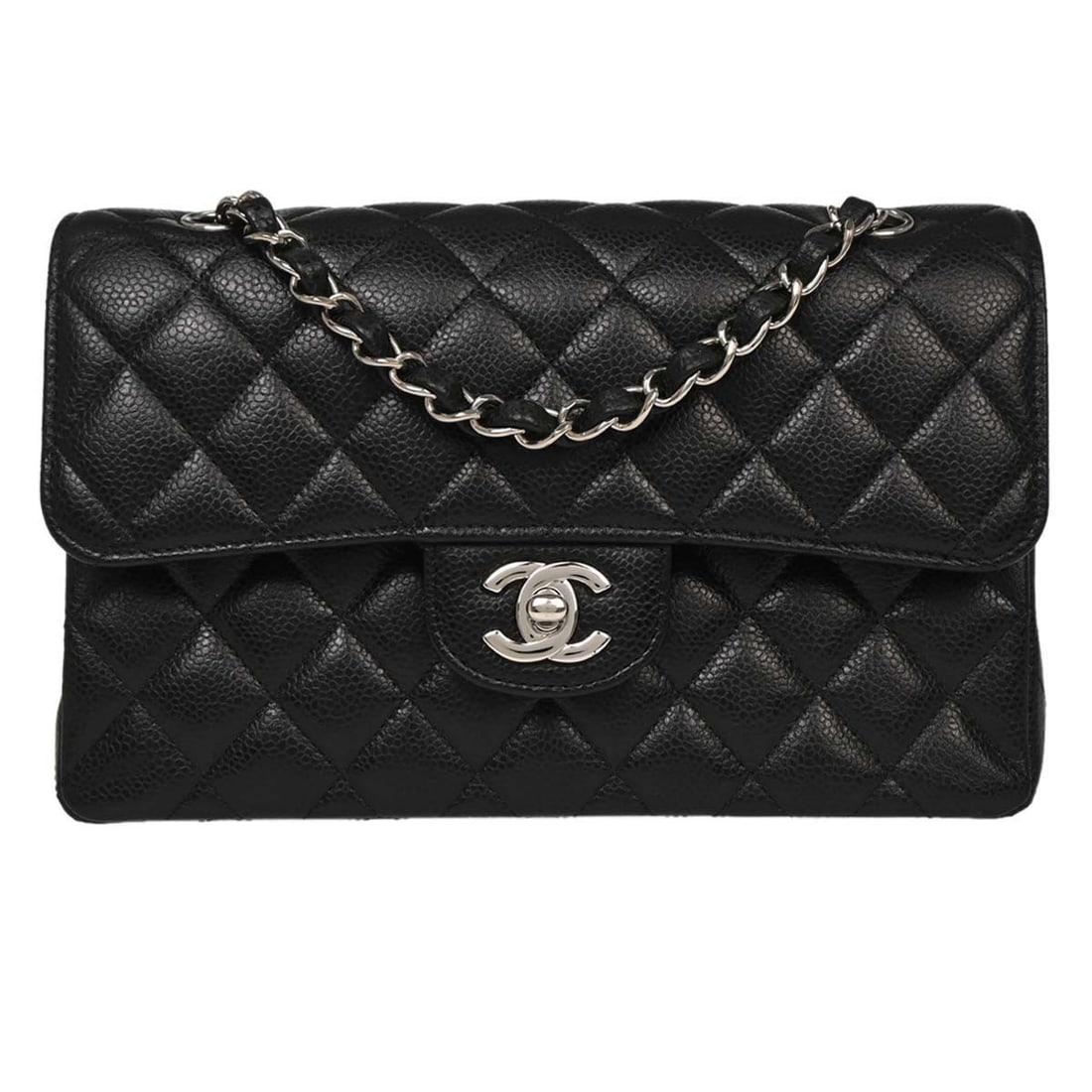 CHANEL Classic Double Flap Black Caviar Leather Shoulder Bag: CHANEL Classic Double Flap Black Caviar Leather Shoulder Bag This Chanel Classic Double Flap Shoulder Bag is crafted from black caviar skin leather with a signature matelasse pattern. It features a tu
