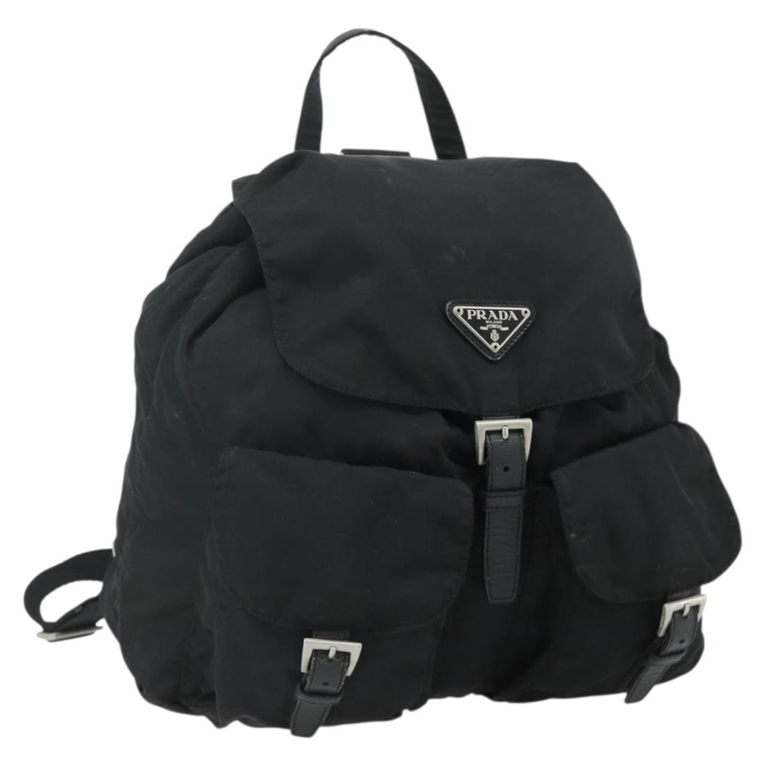 Prada Nylon Silver Black Backpack with Guarantee Card: Prada Nylon Silver Black Backpack with Guarantee Card This PRADA women's backpack features a stylish design crafted from durable nylon in silver and black tones. Made in Italy, the bag offers a spacio