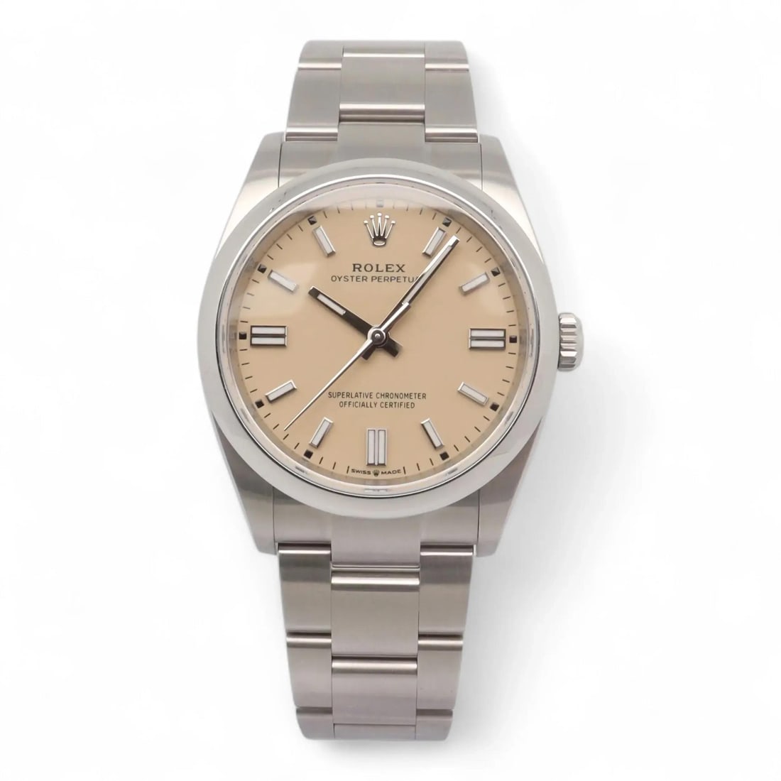 Men's Rolex Oyster Perpetual 36mm Beige Sunburst Dial Stainless Steel Automatic: Men's Rolex Oyster Perpetual 36mm Beige Sunburst Dial Stainless Steel Automatic This Rolex Oyster Perpetual 36 is an unworn luxury men's wristwatch featuring a beige sunburst dial with stick indexes a
