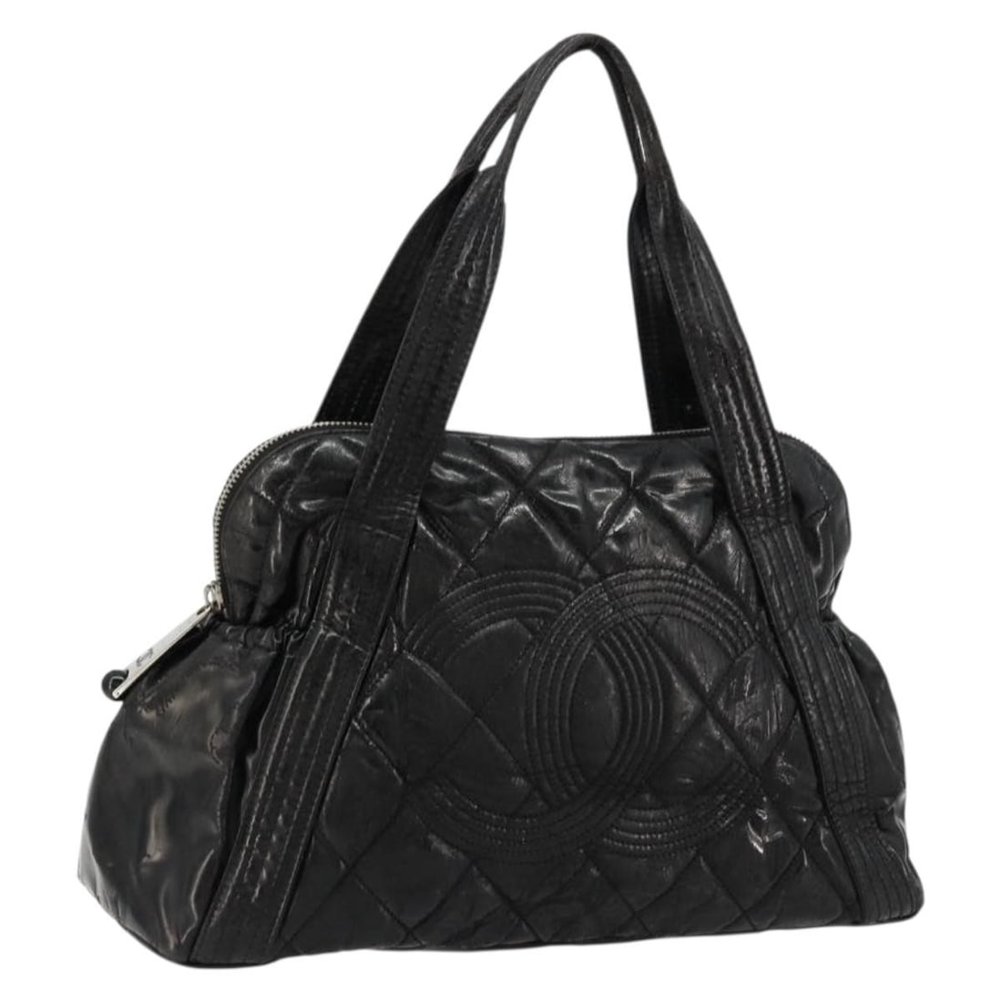 CHANEL Black Silver Patent Leather Matelasse Handbag Auth: CHANEL Black Silver Patent Leather Matelasse Handbag Auth This CHANEL Matelasse handbag features black patent leather with silver-tone details, offering a classic and elegant look. Designed for women,