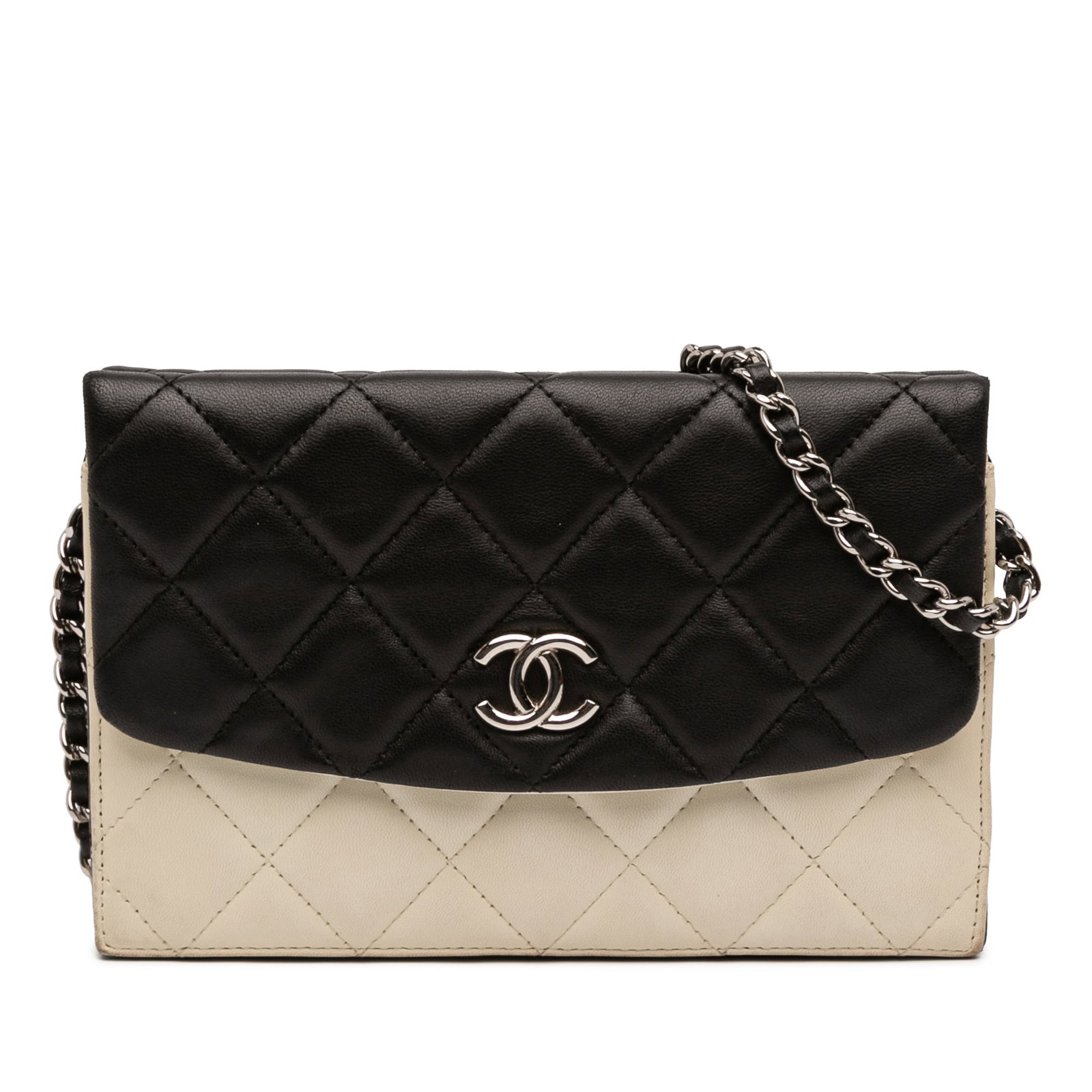 Chanel Quilted Lambskin Crossbody Wallet with Chain Strap White: Chanel Quilted Lambskin Crossbody Wallet with Chain Strap White This Chanel crossbody bag features a quilted lambskin leather body with a bicolor design and a leather-woven chain link strap. It offers