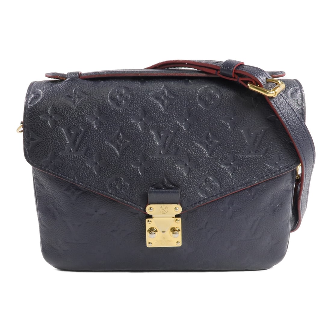 Louis Vuitton Pochette Metis Navy Calfskin Gold Hardware Shoulder Bag M44071: Louis Vuitton Pochette Metis Navy Calfskin Gold Hardware Shoulder Bag M44071 This Louis Vuitton Pochette Metis 2-way bag features navy calfskin leather with the signature Monogram Empreinte pattern. D