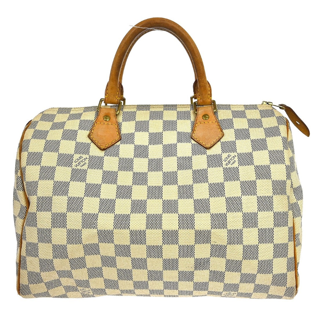 Louis Vuitton Speedy 30 Damier Azur Canvas Duffle Bag N41533: Louis Vuitton Speedy 30 Damier Azur Canvas Duffle Bag N41533 This Louis Vuitton Speedy 30 handbag features the signature Damier Azur canvas with leather trim and double beige leather handles. It has a