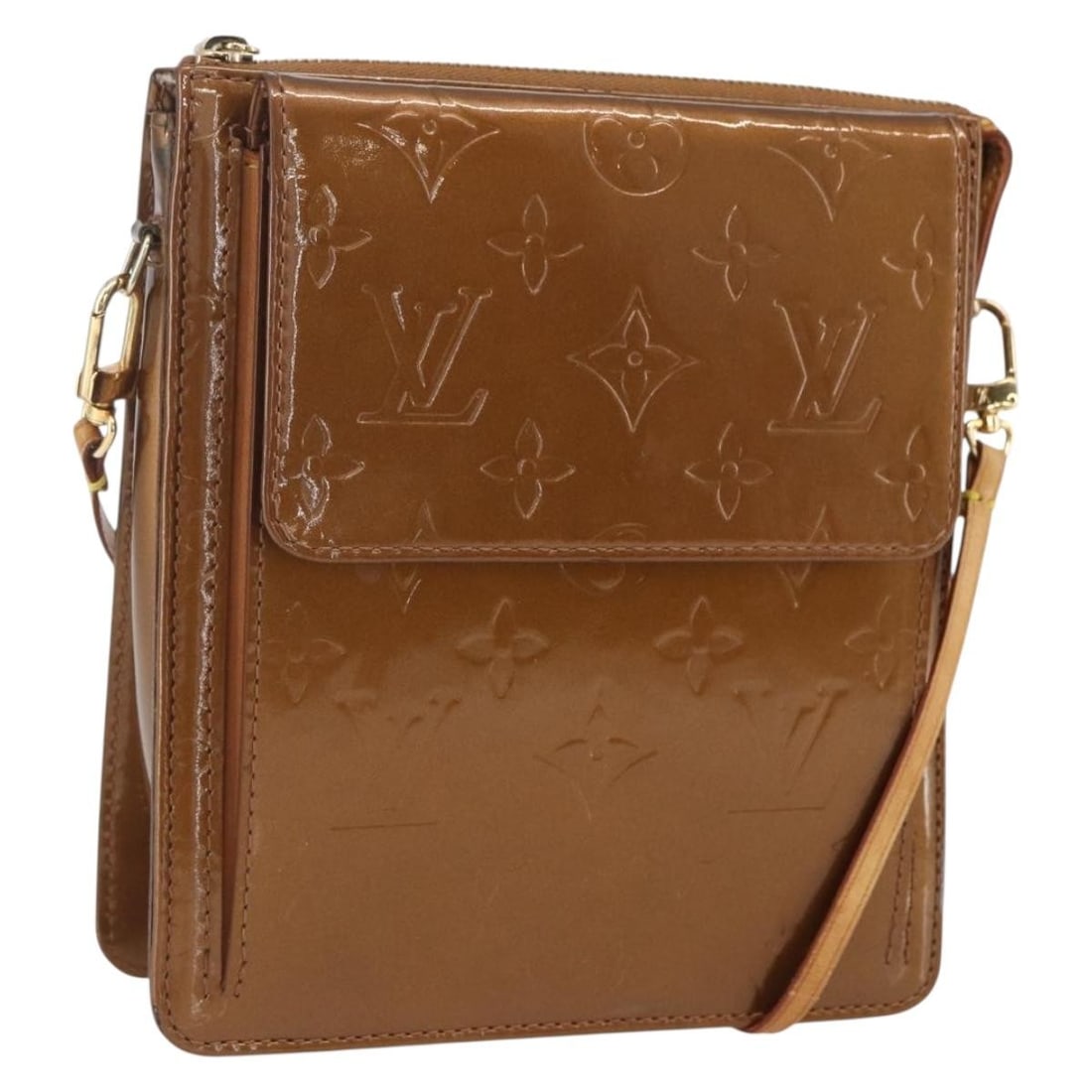 Bronze Vernis Motto Patent Leather Accessory Pouch by Louis Vuitton M91138: Bronze Vernis Motto Patent Leather Accessory Pouch by Louis Vuitton M91138 This Louis Vuitton Monogram Vernis Motto accessory pouch is crafted from bronze patent leather. The pouch features a compact 