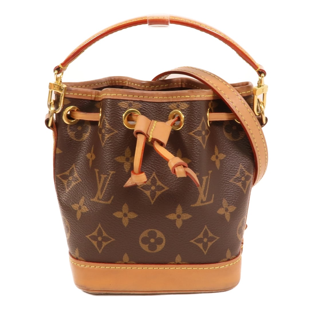 Louis Vuitton Nano Noe Monogram Brown 2way Shoulder Bag GHW M81266: Louis Vuitton Nano Noe Monogram Brown 2way Shoulder Bag GHW M81266 This Louis Vuitton Nano Noe 2-way handbag features the iconic Monogram pattern on durable PVC coated canvas in brown. Designed for ve