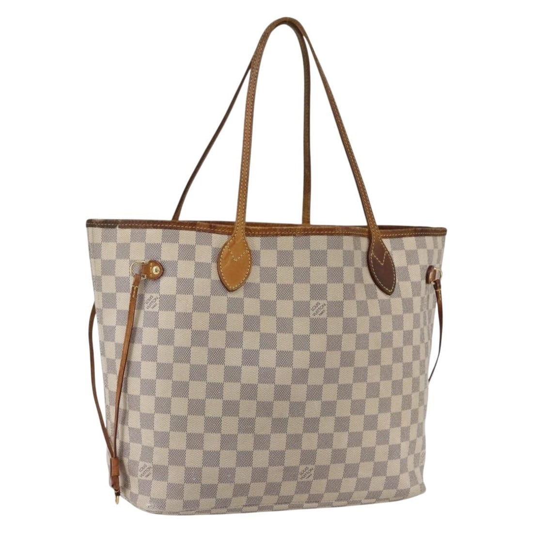 Neverfull MM Tote in Damier Azur Canvas by Louis Vuitton N41605: Neverfull MM Tote in Damier Azur Canvas by Louis Vuitton N41605 This Louis Vuitton Neverfull MM tote bag features the iconic Damier Azur canvas with leather trim and gold-tone metal fittings. Designed