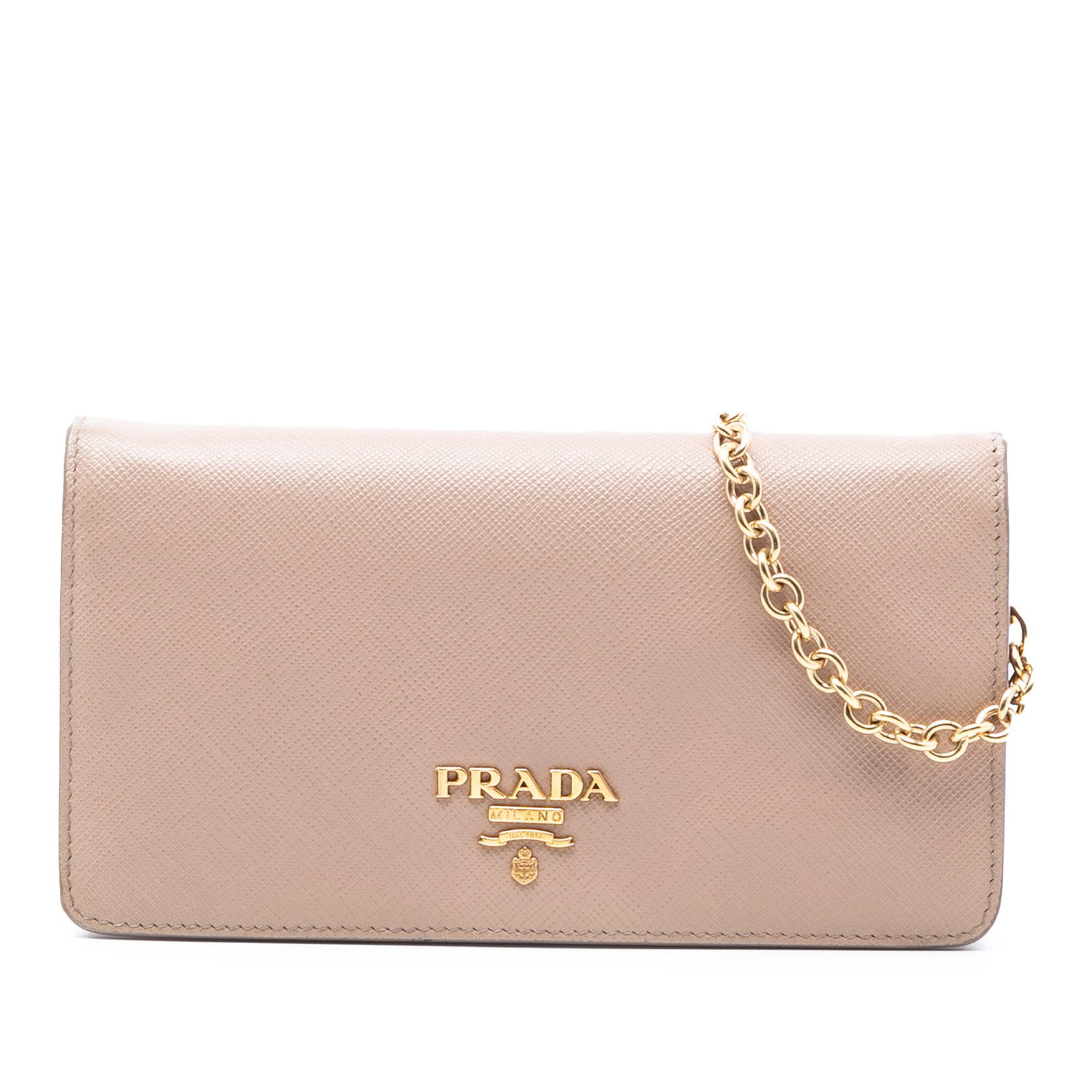 Brown Prada Saffiano Leather Chain Wallet with Flap and Interior Compartments: Brown Prada Saffiano Leather Chain Wallet with Flap and Interior Compartments This Prada Saffiano Wallet On Chain features a saffiano leather exterior in brown with a leather-woven chain strap, a fron