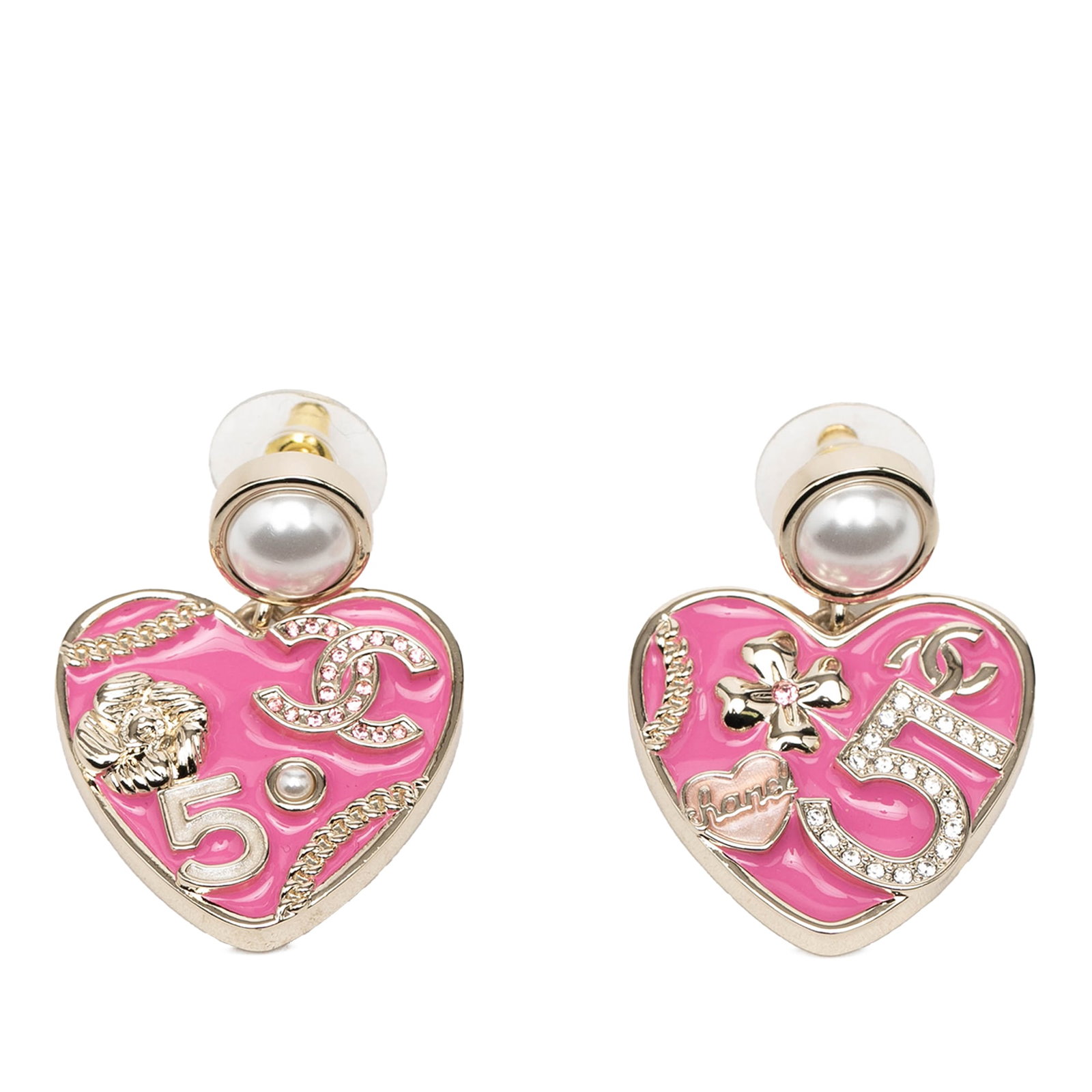 Chanel Heart Shaped Faux Pearl Enamel Drop Earrings Gold Plated: Chanel Heart Shaped Faux Pearl Enamel Drop Earrings Gold Plated These Chanel earrings feature a gold plated metal body adorned with enamel, rhinestones, and faux pearls in a heart drop design. They ha