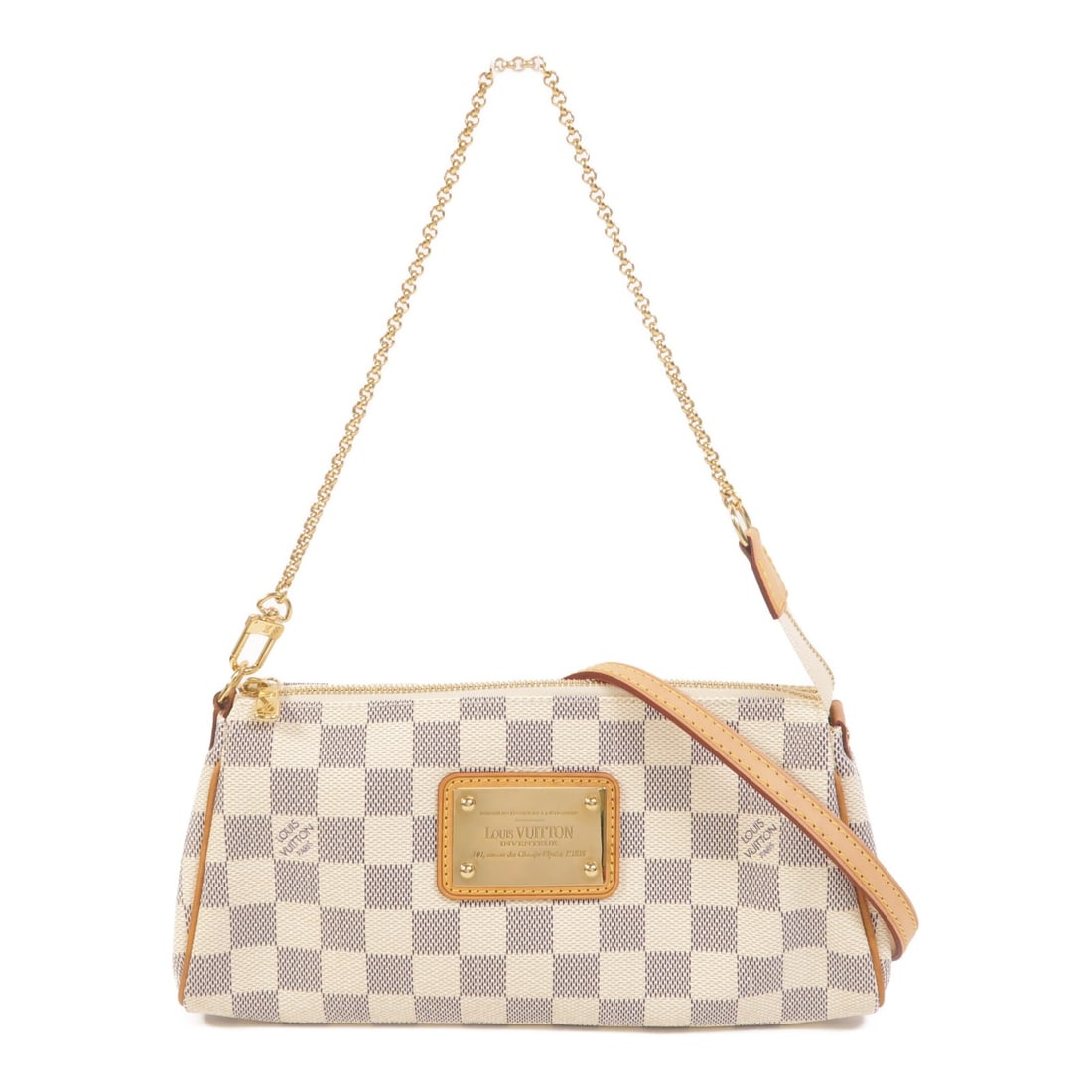 Louis Vuitton Damier Azur Eva 2 Way Shoulder Bag GHW: Louis Vuitton Damier Azur Eva 2 Way Shoulder Bag GHW This Louis Vuitton Eva 2-way shoulder bag features the iconic Damier Azur pattern in white and is crafted from durable PVC coated canvas. Designed 