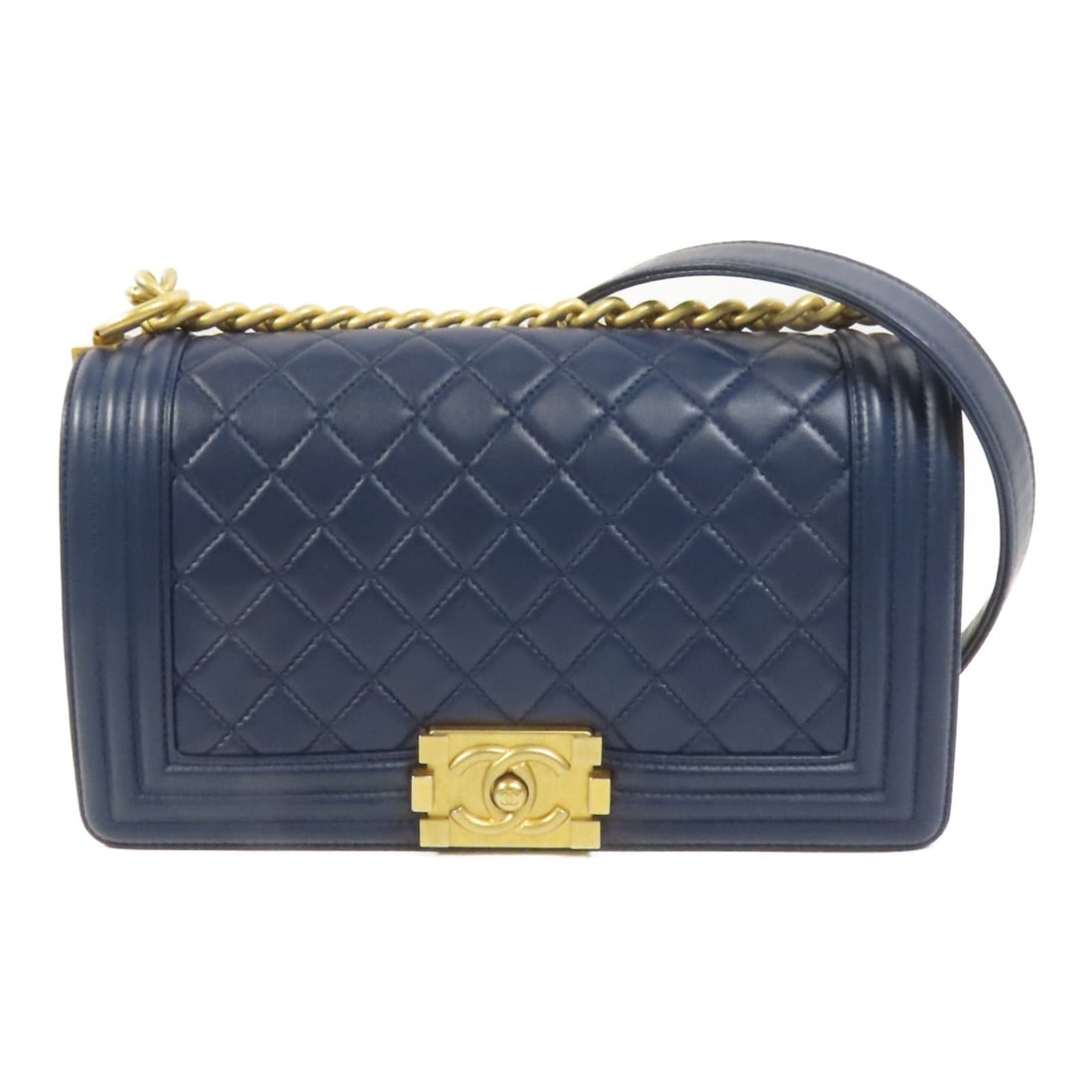 CHANEL Boy 25 Navy Lambskin Leather Shoulder Bag with Gold Hardware: CHANEL Boy 25 Navy Lambskin Leather Shoulder Bag with Gold Hardware This CHANEL Boy 25 shoulder bag features navy lambskin leather and is designed for women. It showcases the iconic CC logo and gold-t