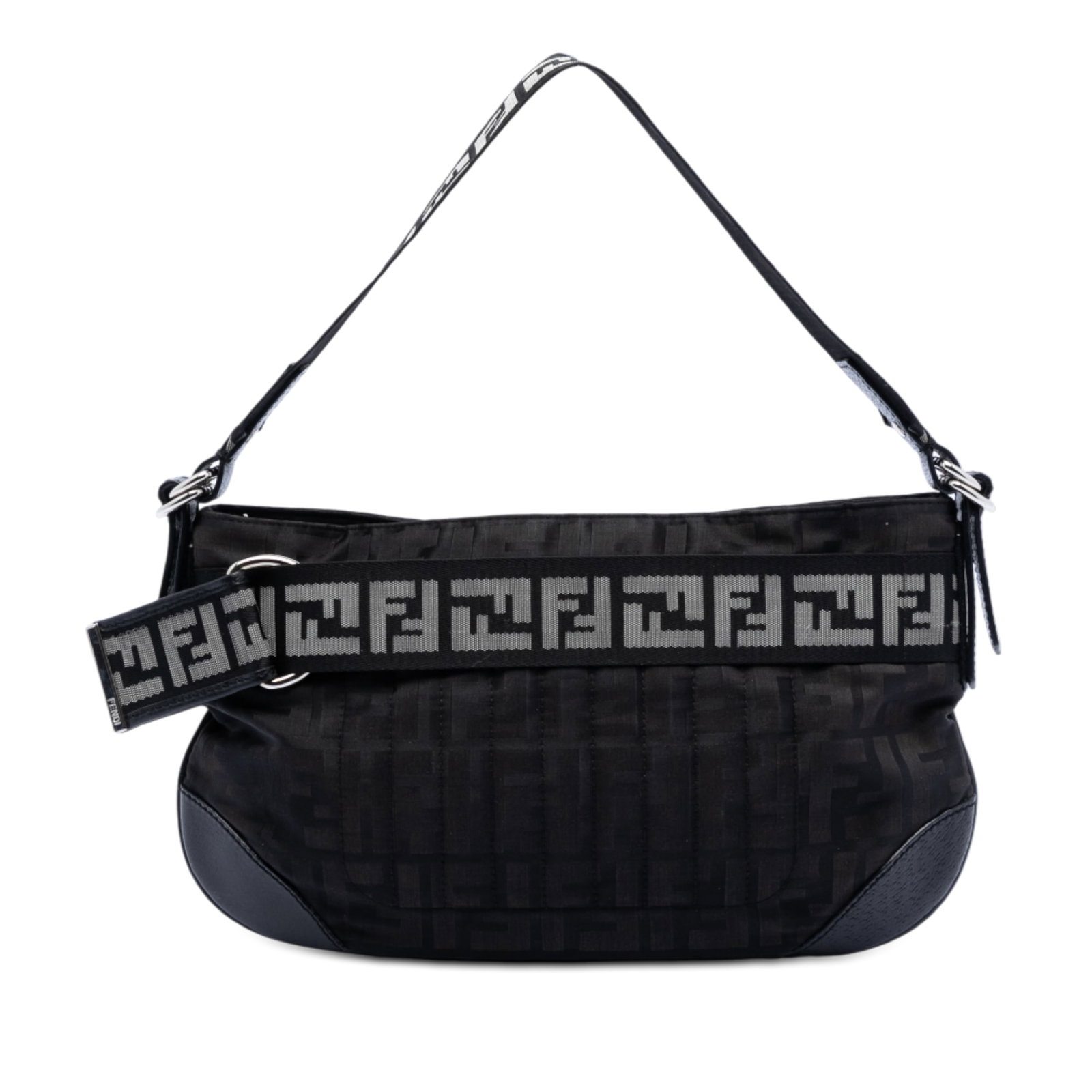Black Nylon Shoulder Bag by Fendi Zucca with Leather Strap: Black Nylon Shoulder Bag by Fendi Zucca with Leather Strap This Fendi Zucca Nylon Zip Code Shoulder Bag features a black nylon body, a flat leather strap, and a top zip closure. Notable for its practi