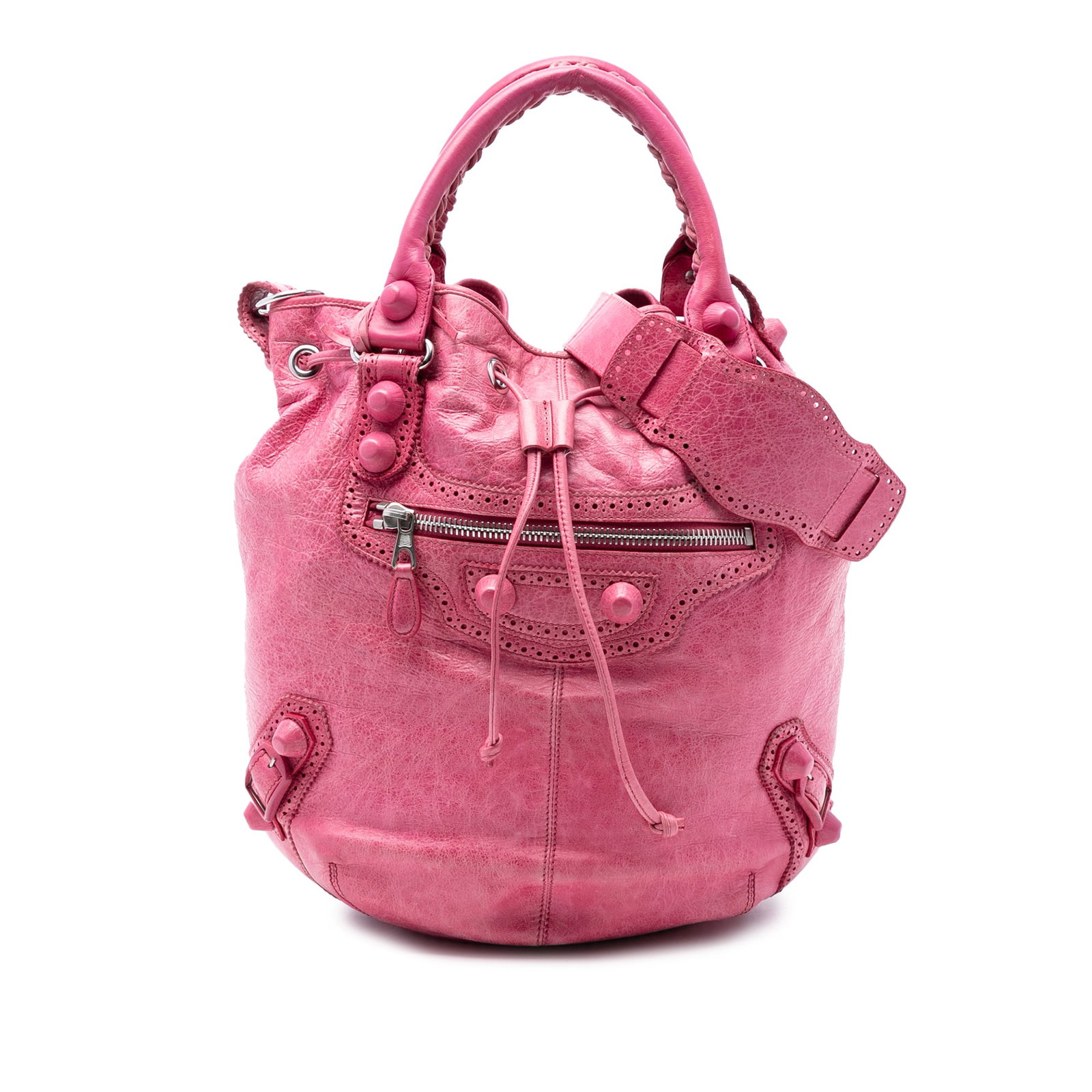 Balenciaga Brogues Pompon Pink Leather Bucket Bag with Drawstring Closure: Balenciaga Brogues Pompon Pink Leather Bucket Bag with Drawstring Closure This Balenciaga Lambskin Motocross Giant Brogues Pompon Bucket Bag features a pink leather body with rolled leather handles an