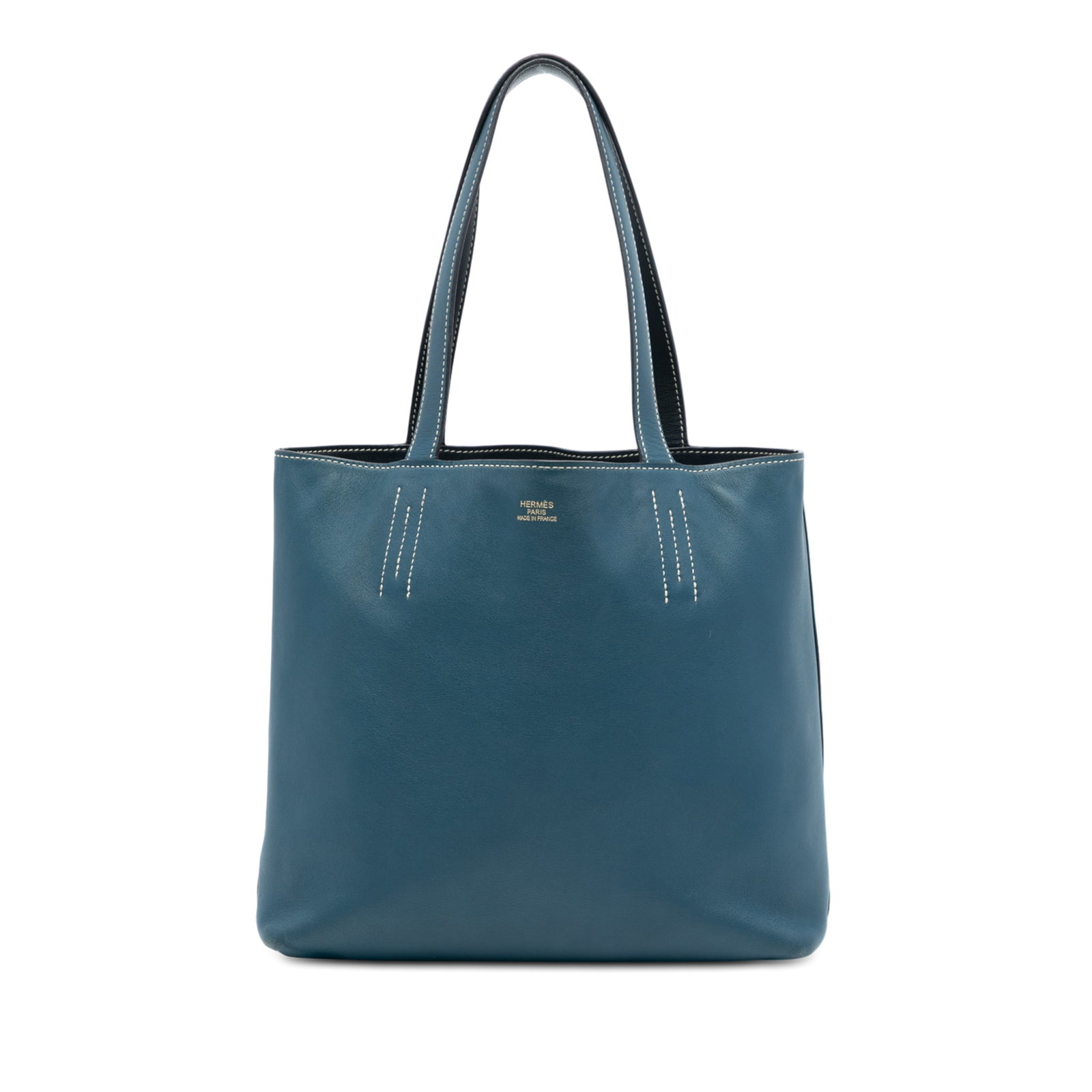 Hermes Double Sens 28 Reversible Clemence Leather Tote Blue Tempete Bleu Obscur: Hermes Double Sens 28 Reversible Clemence Leather Tote Blue Tempete Bleu Obscur The Hermes Clemence Double Sens 28 is a reversible tote crafted from Clemence leather in Blue Tempete and Bleu Obscur. I