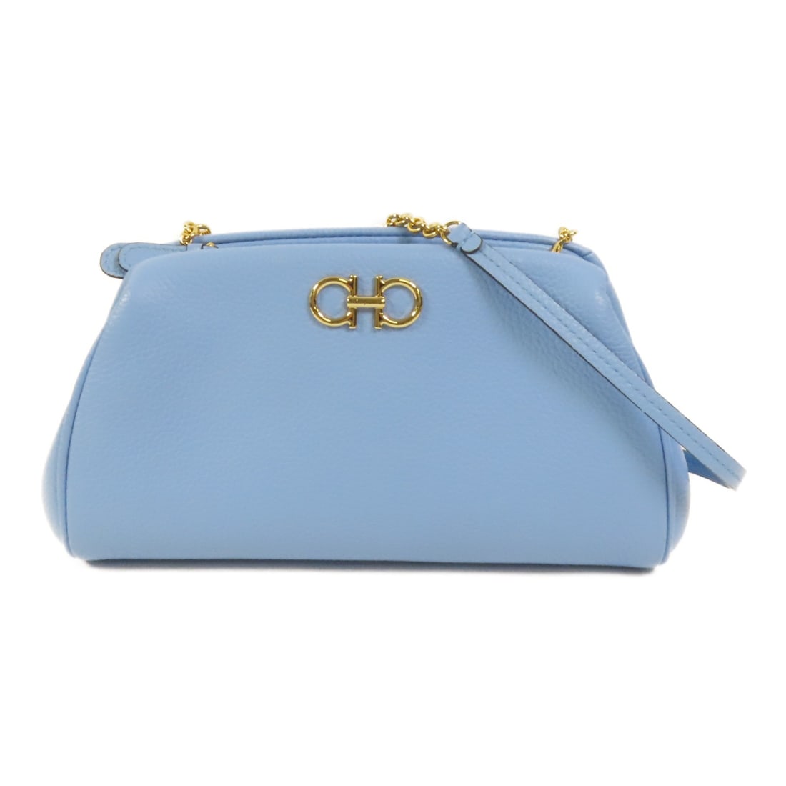 Salvatore Ferragamo Blue Calfskin Chain Shoulder Bag GHW: Salvatore Ferragamo Blue Calfskin Chain Shoulder Bag GHW This Salvatore Ferragamo shoulder bag is crafted from blue calfskin leather and features a gold-tone chain strap. Designed for women, the bag o