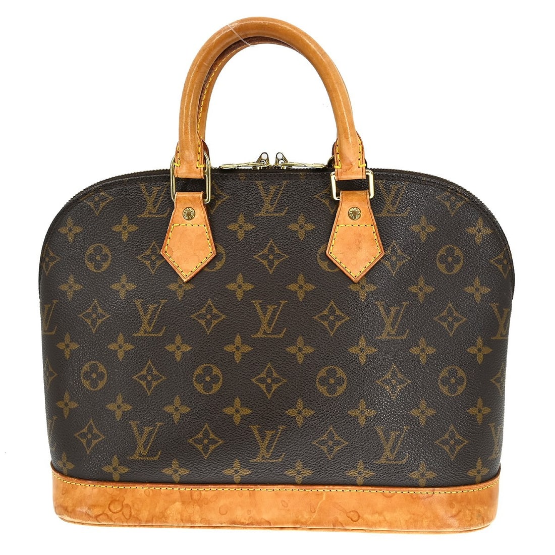 Louis Vuitton Alma Monogram Canvas Medium Brown Handbag M51130 FL1021: Louis Vuitton Alma Monogram Canvas Medium Brown Handbag M51130 FL1021 This Louis Vuitton Alma handbag features the iconic monogram canvas design in brown, accented with beige double handles and logo d
