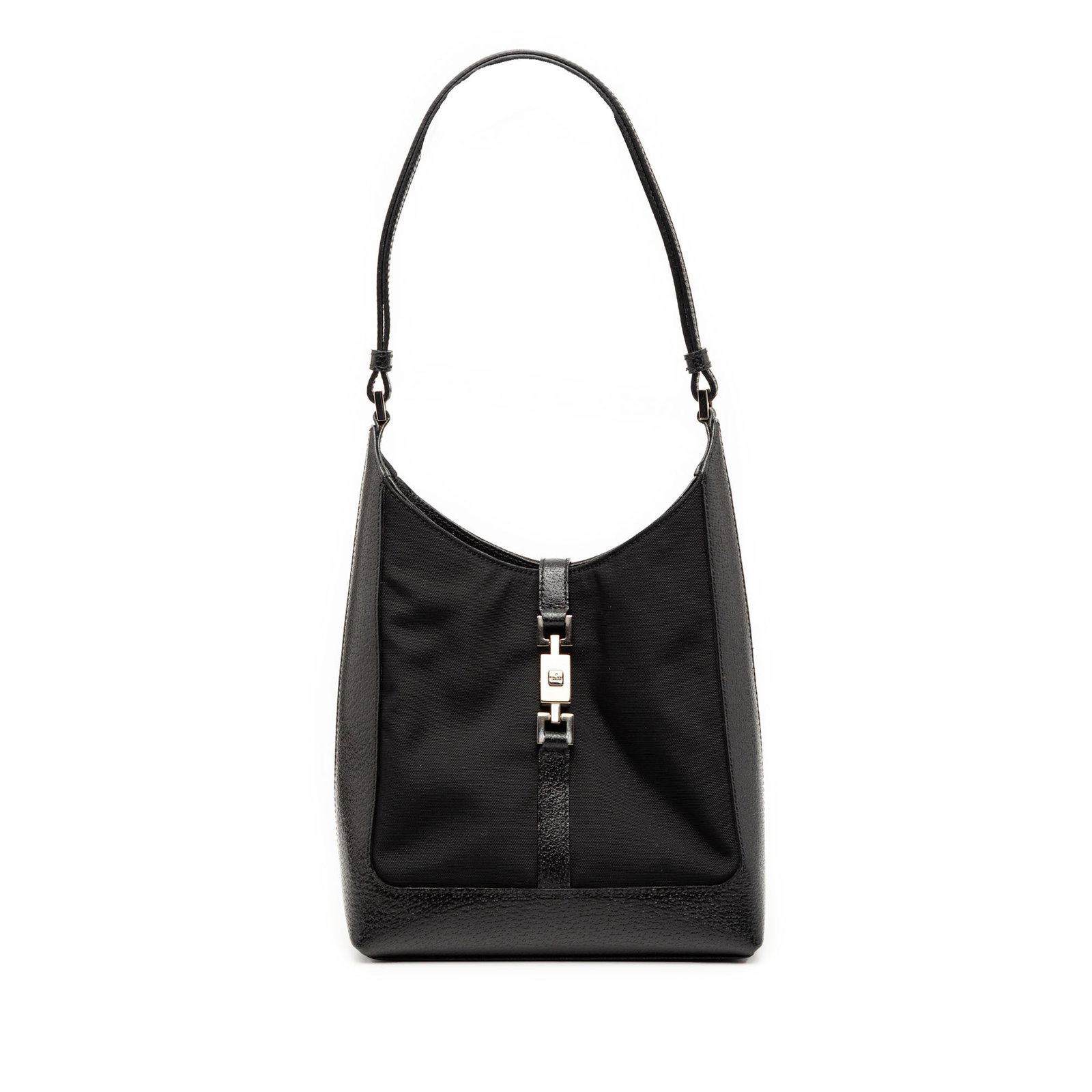 Gucci Jackie Black Canvas Shoulder Bag with Leather Trim: Gucci Jackie Black Canvas Shoulder Bag with Leather Trim This Gucci Canvas Jackie Shoulder Bag features a canvas body with leather trim, a flat leather shoulder strap, an open top with a strap and pus